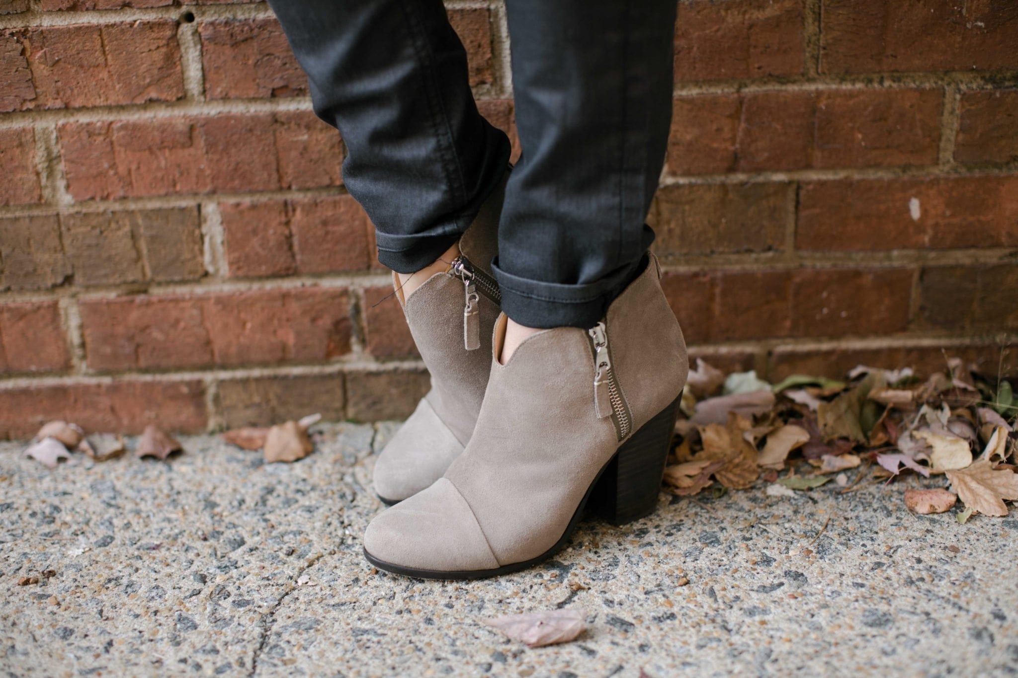 neutral suede booties with black pants and zipper side booties. nordstrom anniversary sale shoes