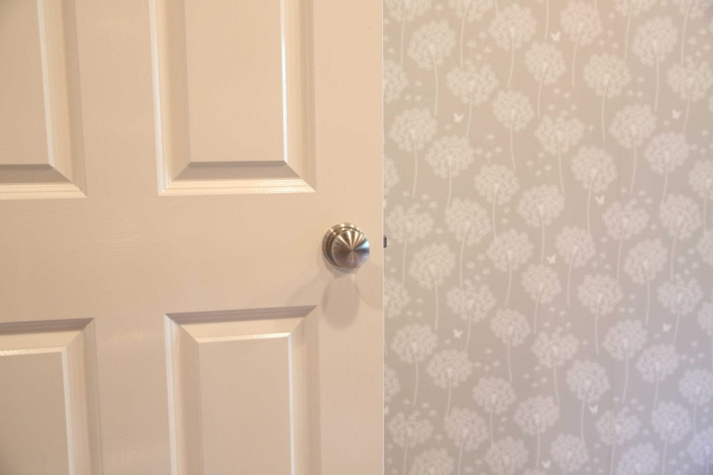 Removable peel and stick wallpaper door. Home office painted in divine white paint by sherwin williams with removable peel and stick wallpaper