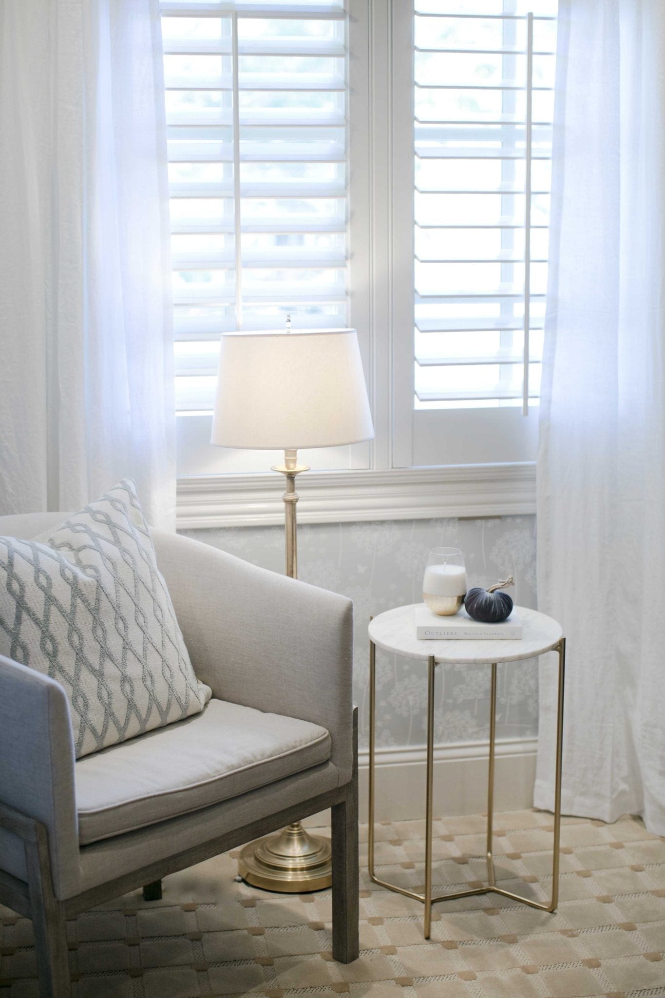 White and Gray removable wallpaper and white linen drapes from West Elm.