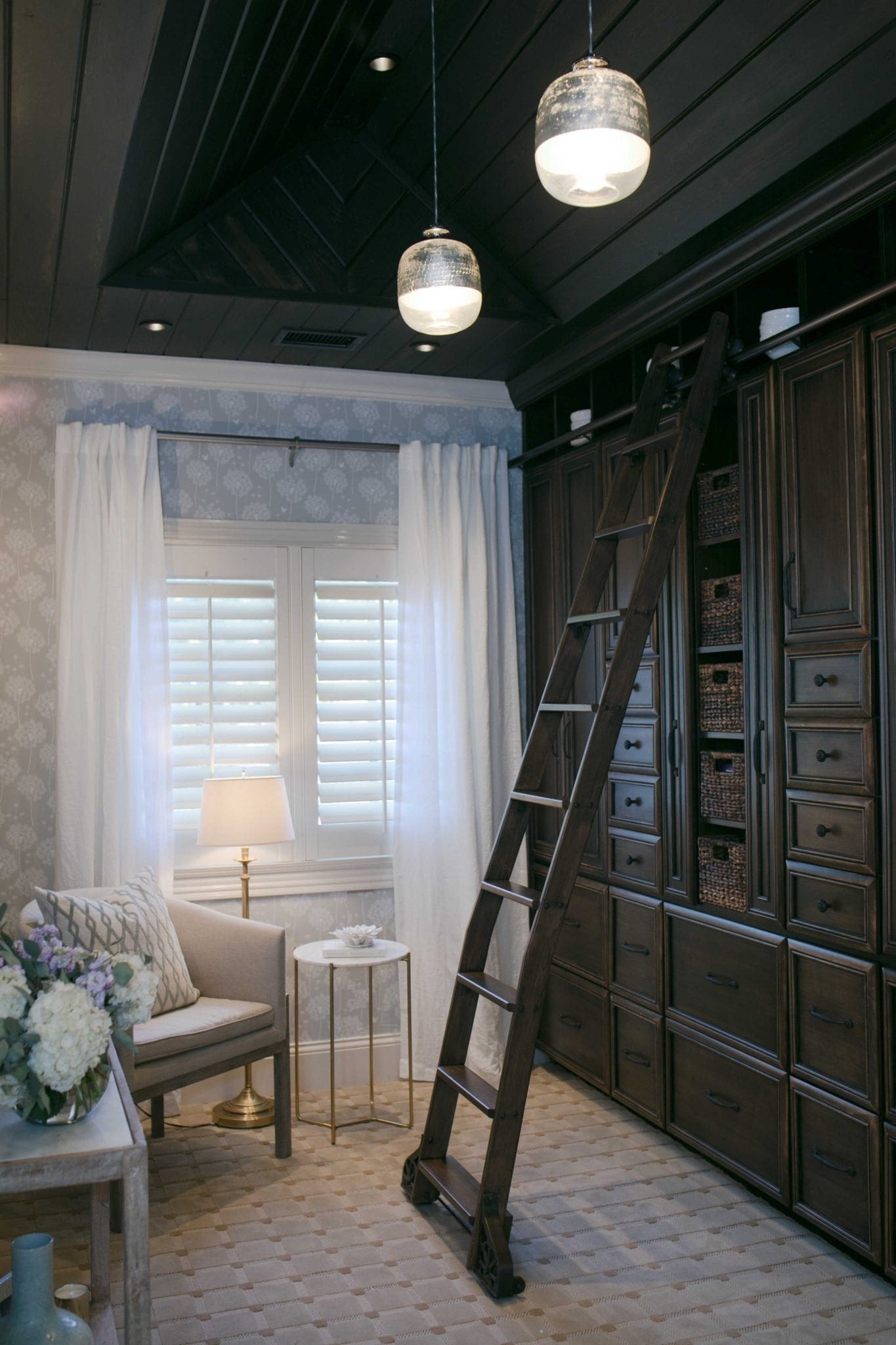 Home Office Decor with removable wallpaper and silver pendant lights.