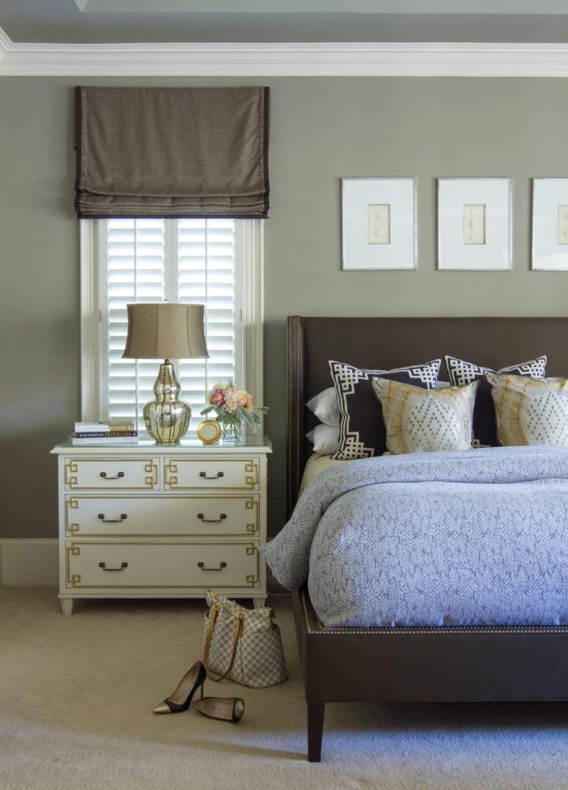 Classic gray paint in a luxury master bedroom photo taken by Jessie Preza with gray silk and ivory greek key consoles and gray benjamin moore wall paint.