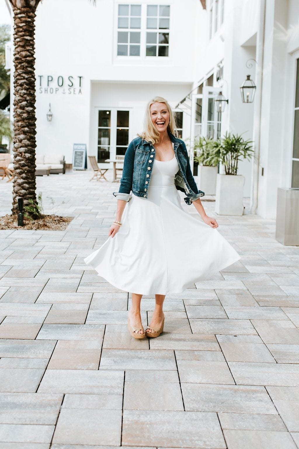 Inexpensive jean jacket to wear with dresses. White full skirt dress.