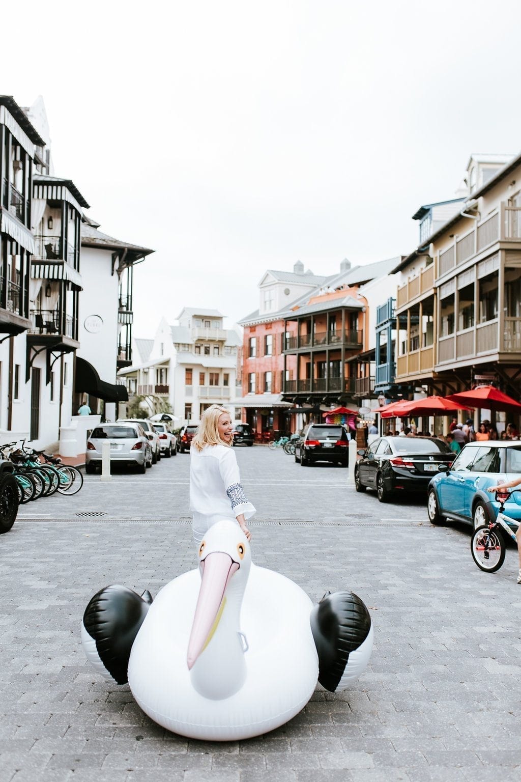 Rosemary Beach FL things to do. Pelican float and Rosemary Beach street.