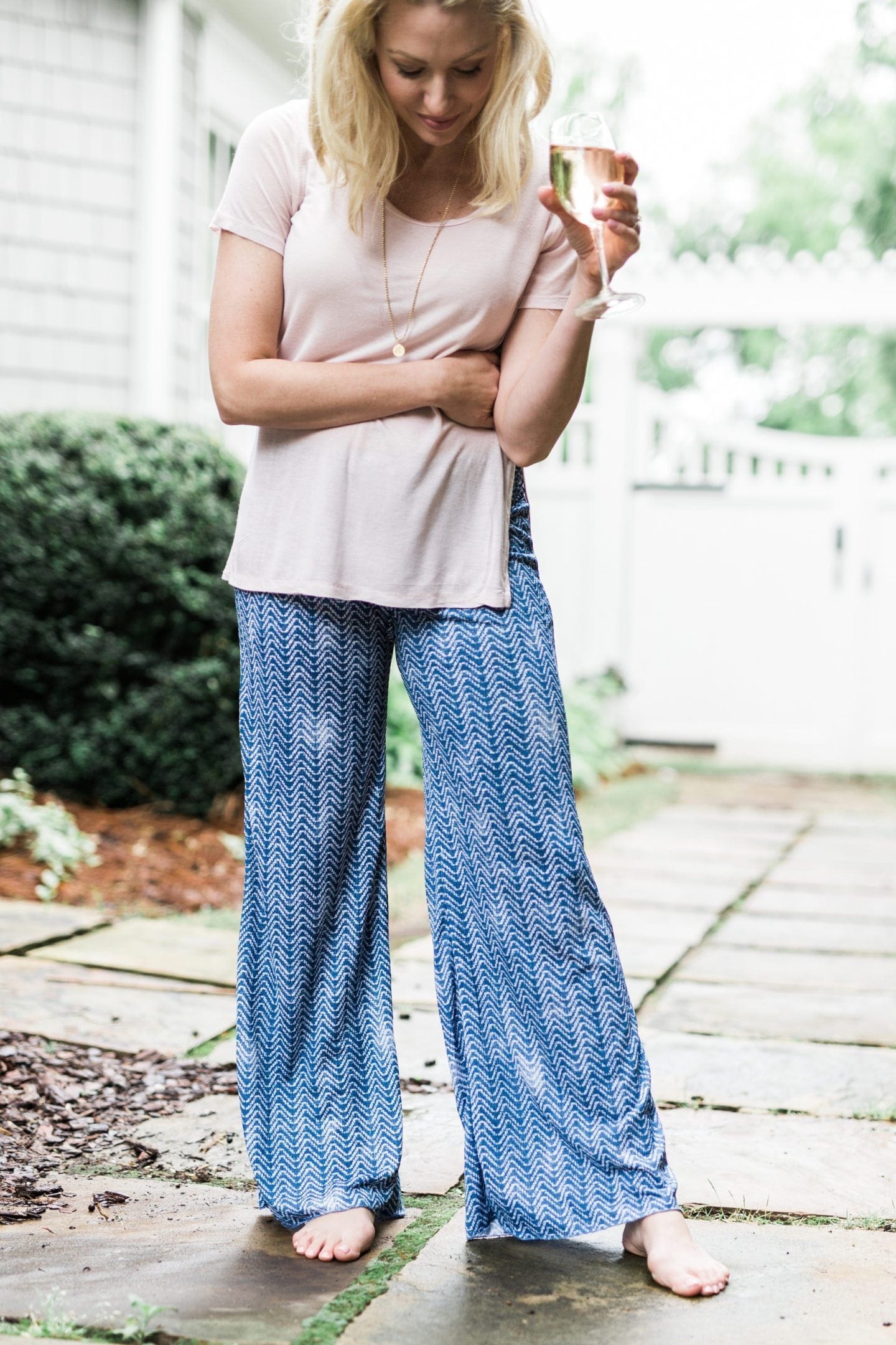 Loungewear for women. Elastic waistband pants with personalized charm necklace. 
