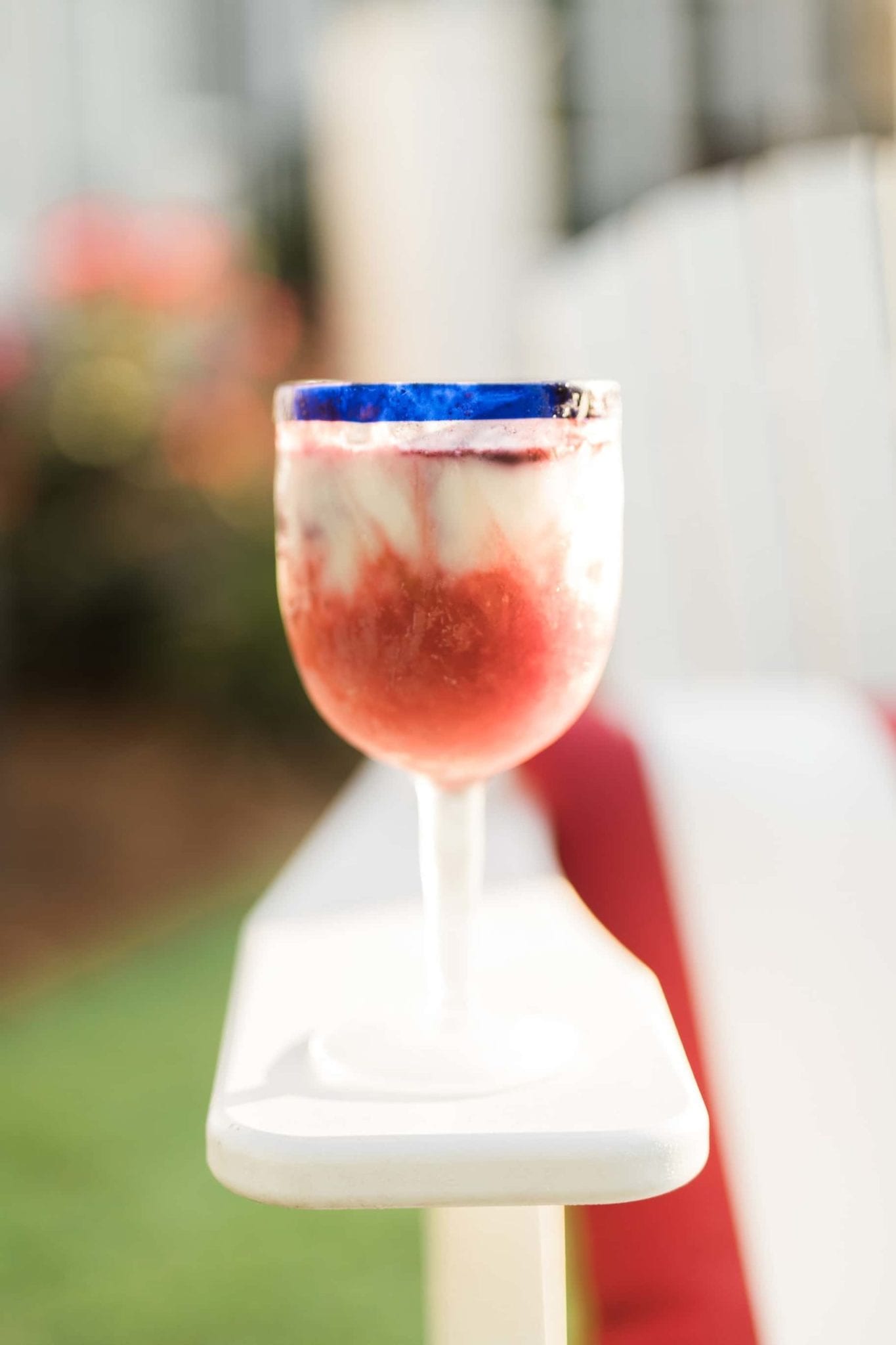 Smoothie for kids that has protein and fruit in it. Red white and blue smoothie treat.