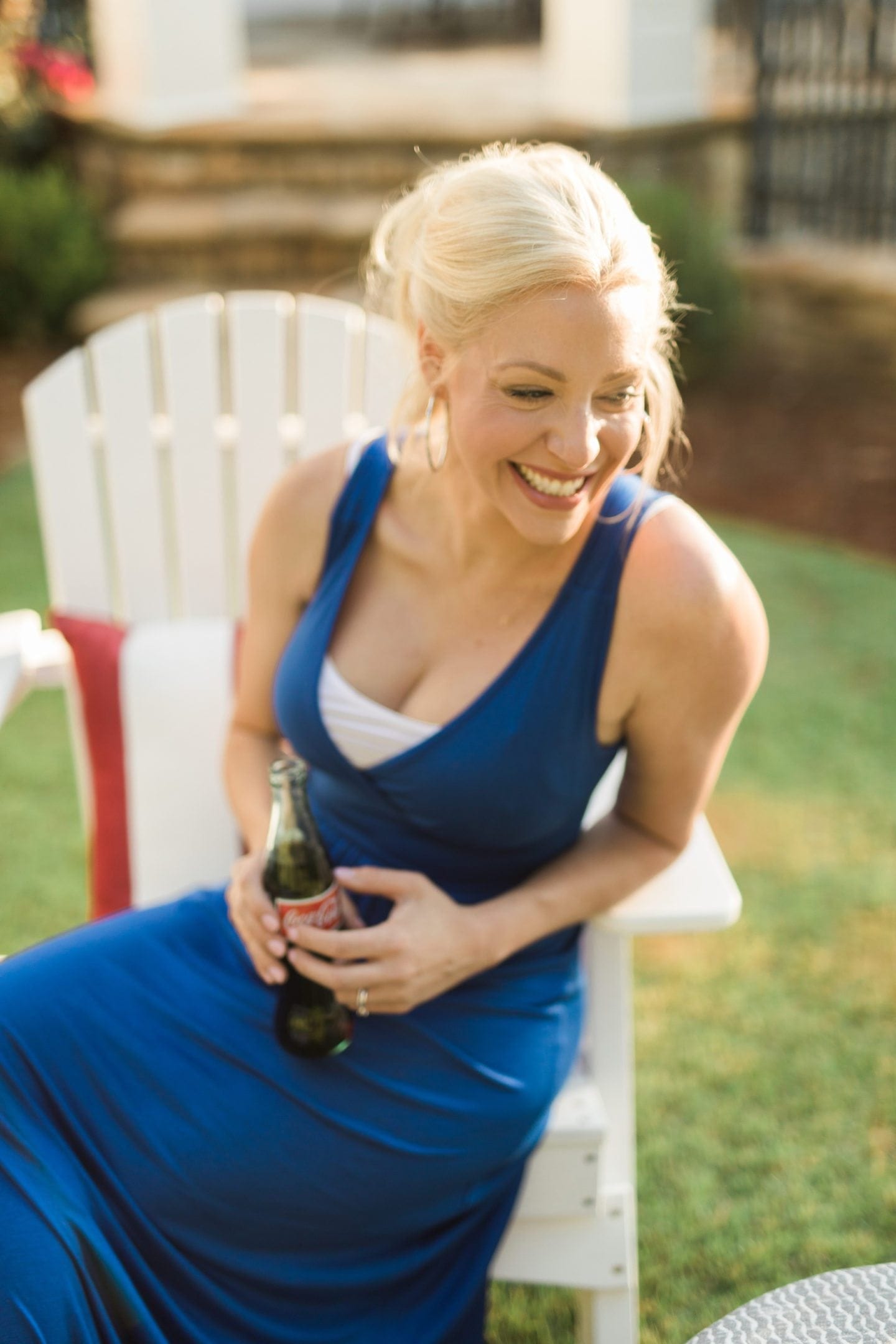 Blue maxi dress with white camisole and Coke in a bottle. A great outfit to wear to a Fourth of July party!
