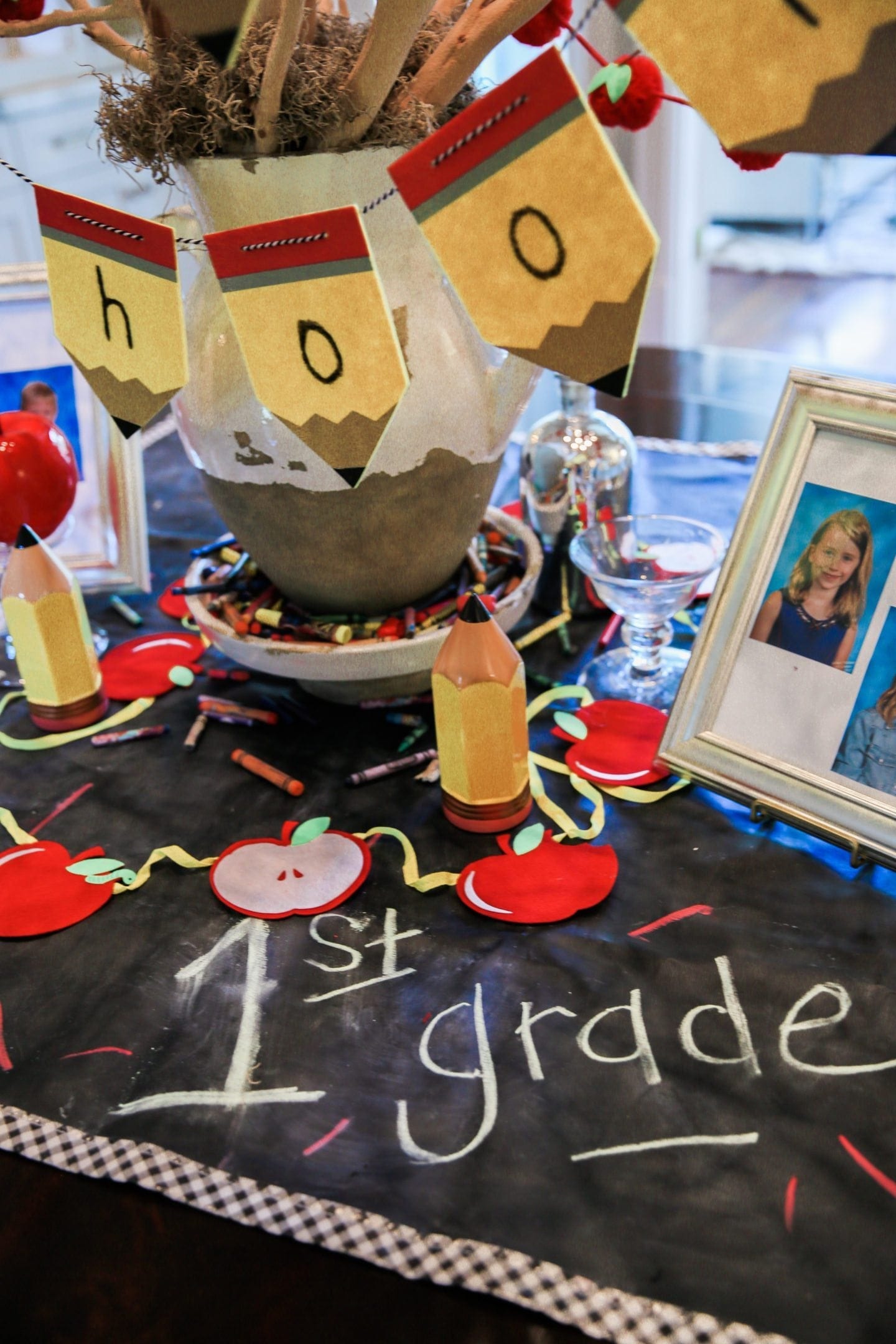 Pencil Garland and chalkboard mat.
