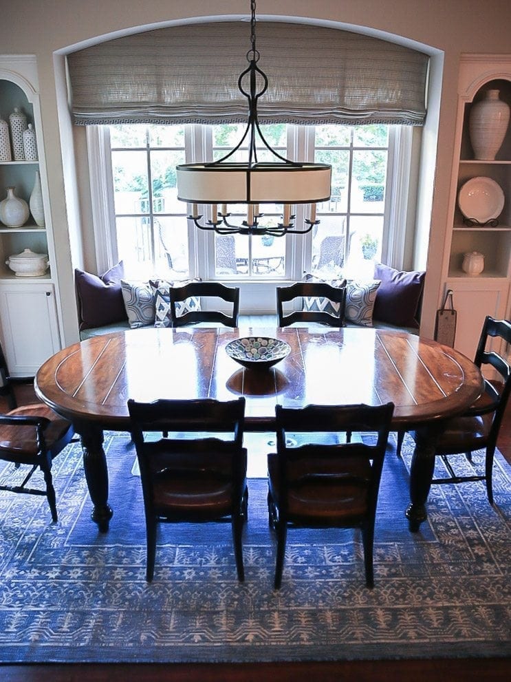 How to protect carpet under dining table. Dining Room inspiration and Frontgate indoor outdoor rug.