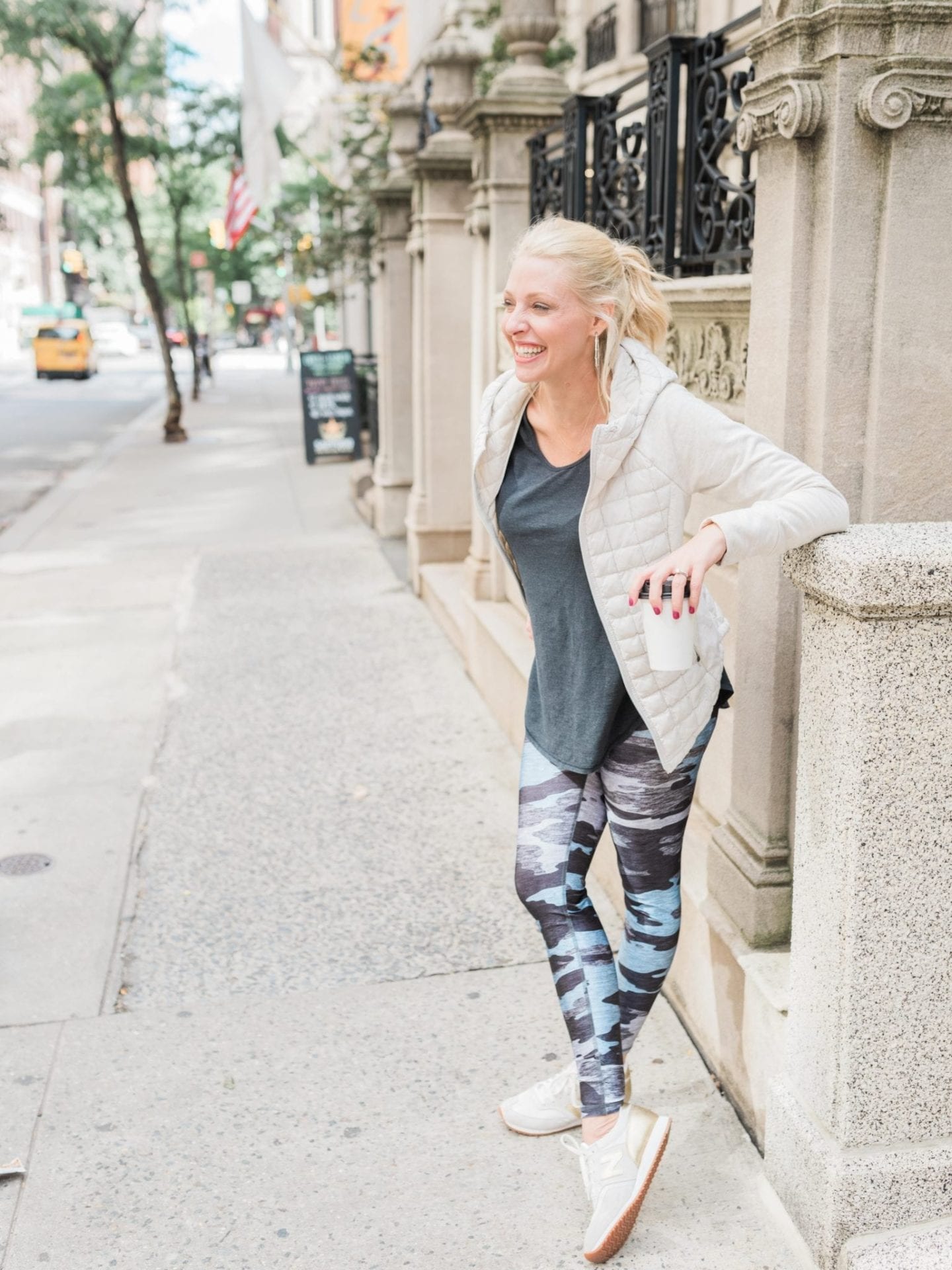 Camo leggings outfit with womens North Face lightweight jacket