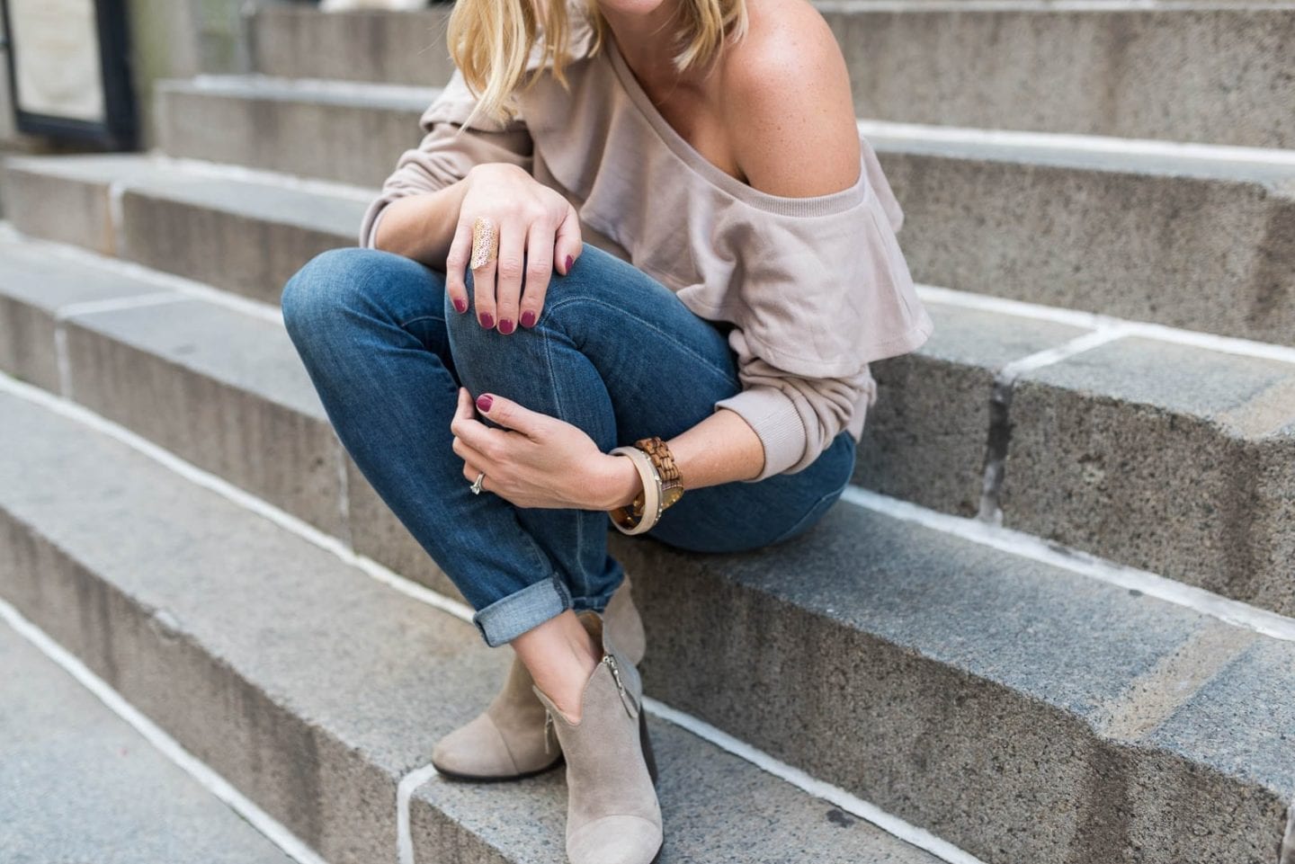 Dark wash skinny jeans and Nordstrom Anniversary Sale booties.