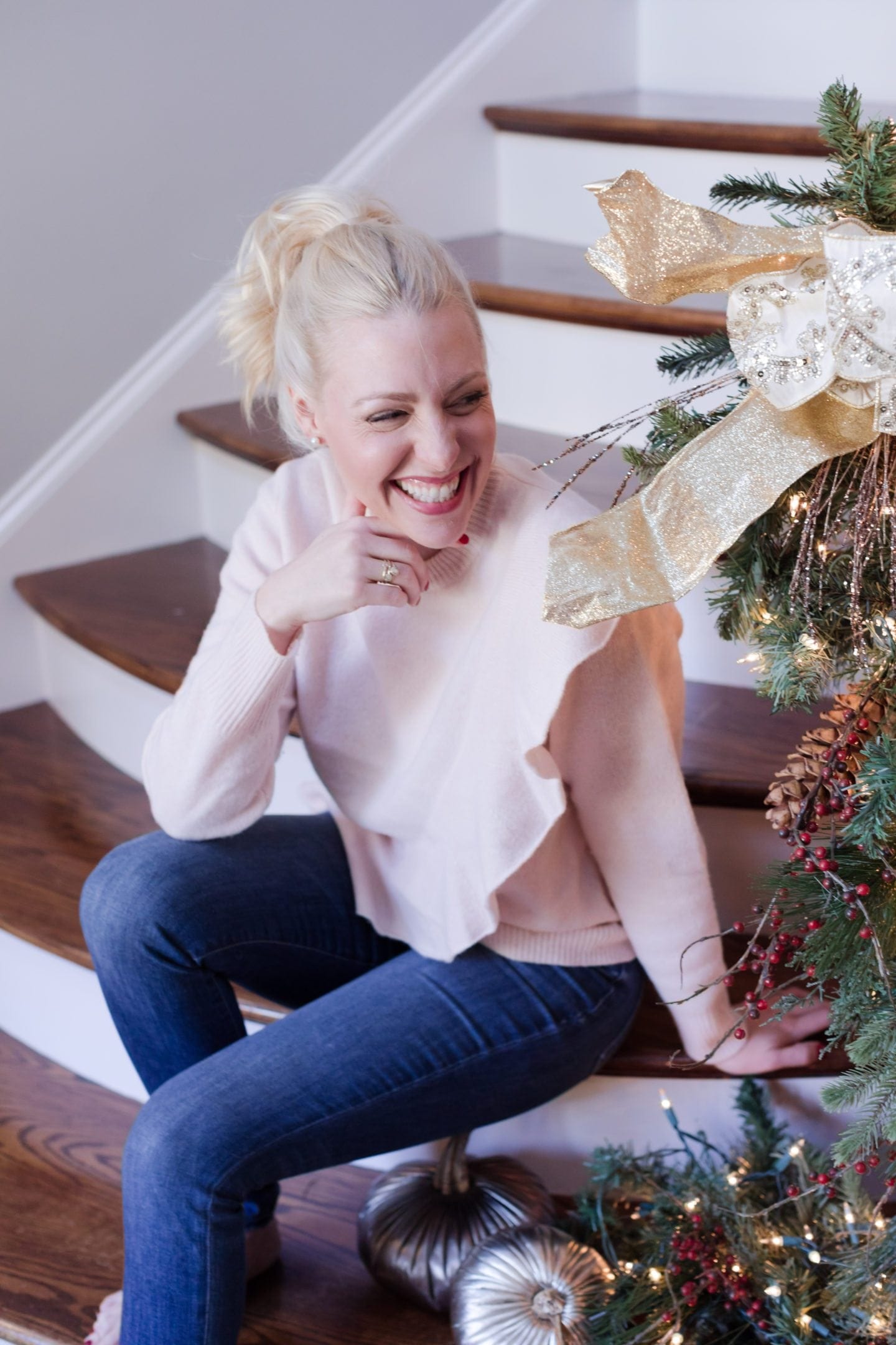 Casual but cute sweater from J Crew. Ponytail for short blonde hair.