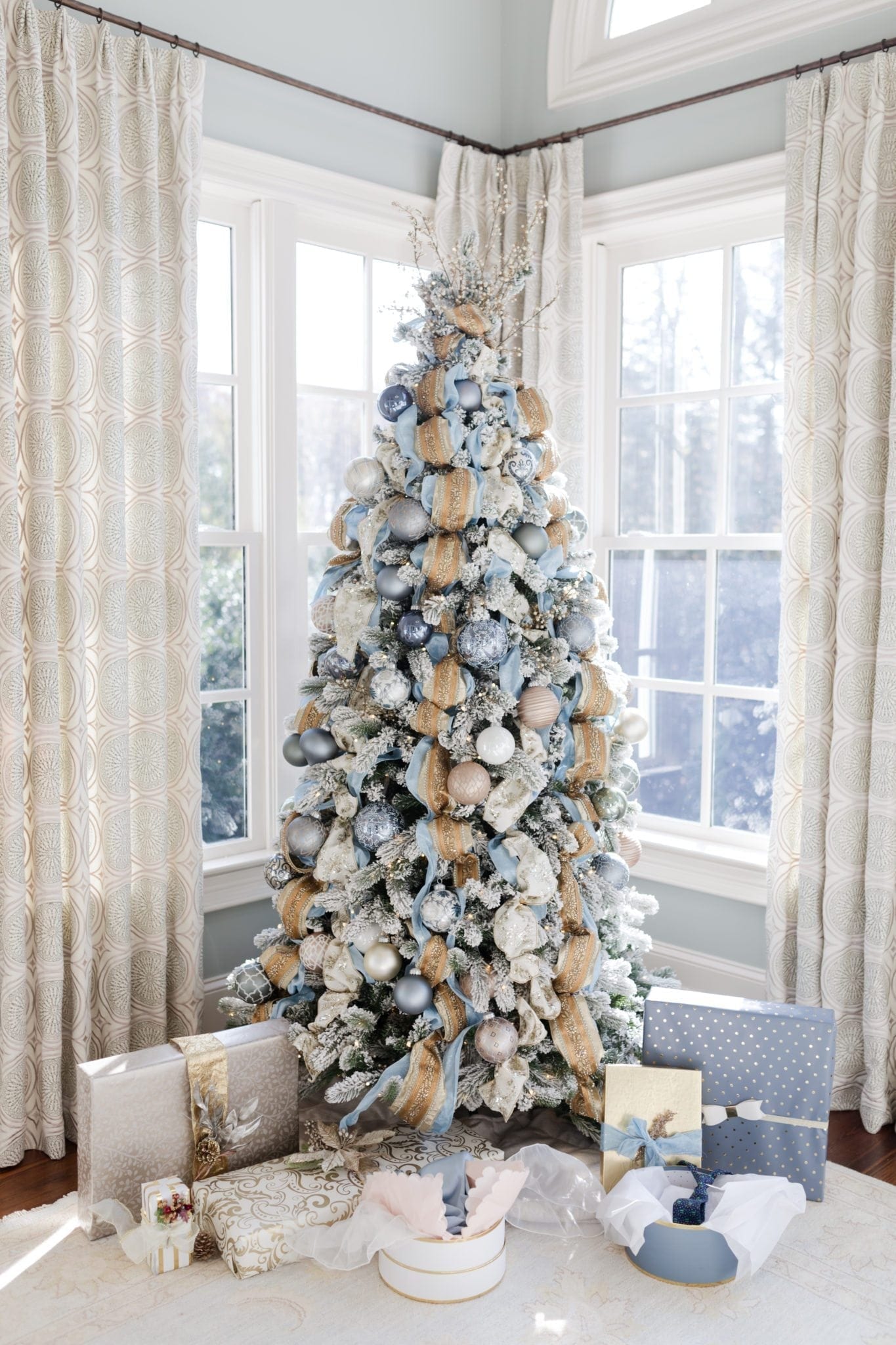 Flocked Christmas Tree Decor: Blue, Silver + Gold - CitrineLiving