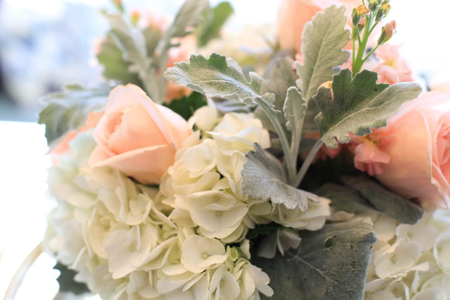 Peach Roses mixed with white hydrangea and dusty miller. Soft floral bouquet.