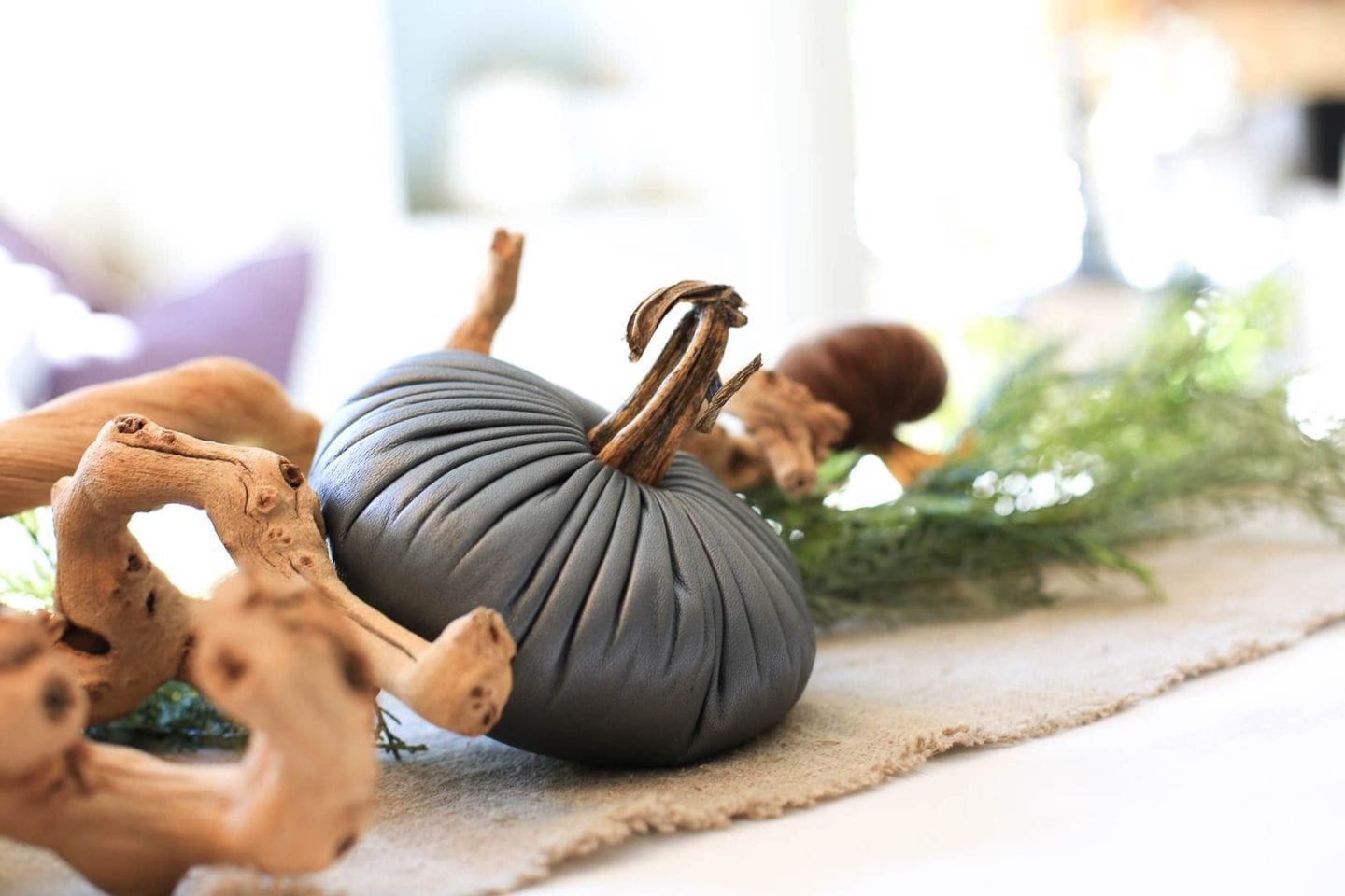 Blue pumpkin mixed with grapewood vine. Fall decorations for home