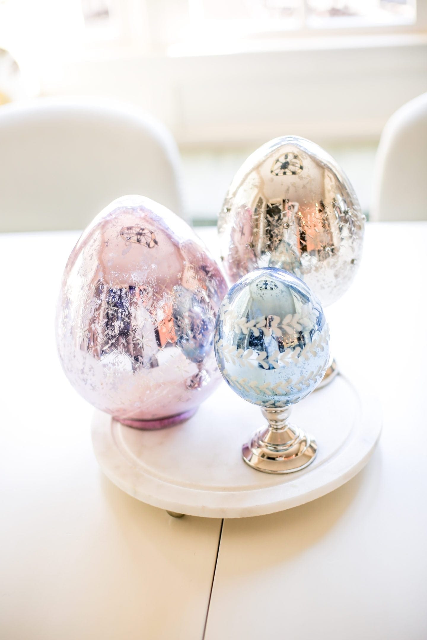 Mercury Glass Eggs on Pedestals. Easter egg decorations.