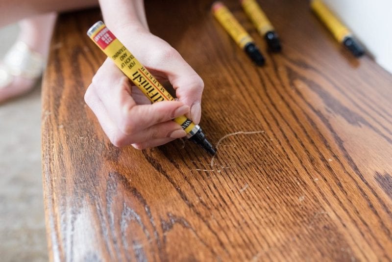 How to use wood finish stain marker in your house for easy way to cover up scratched floors.