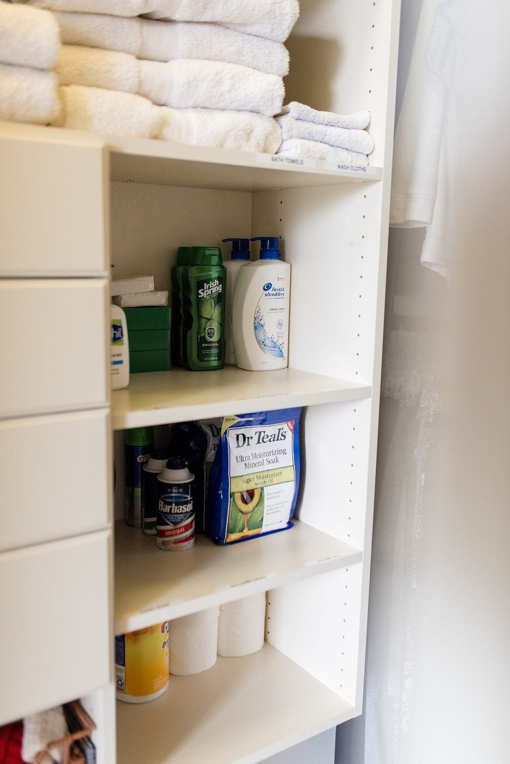 Closet organization tips and ideas to keep toiletries organized.