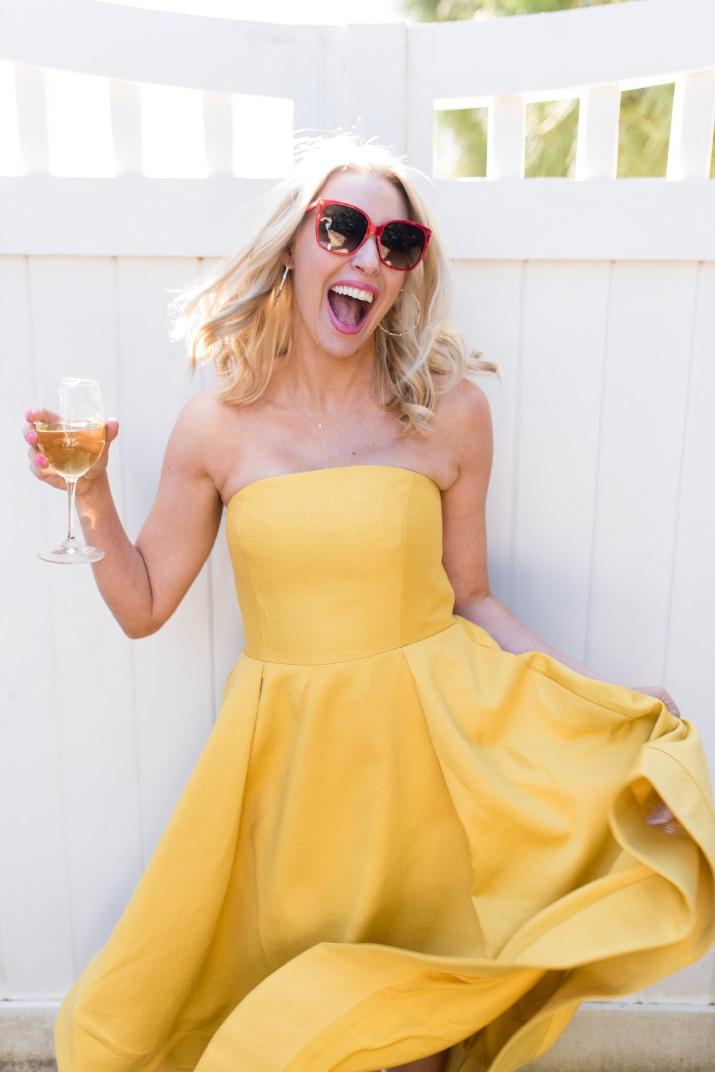 Red sunglasses and Yellow strapless dress. Fabulous party dress and party styling ideas.