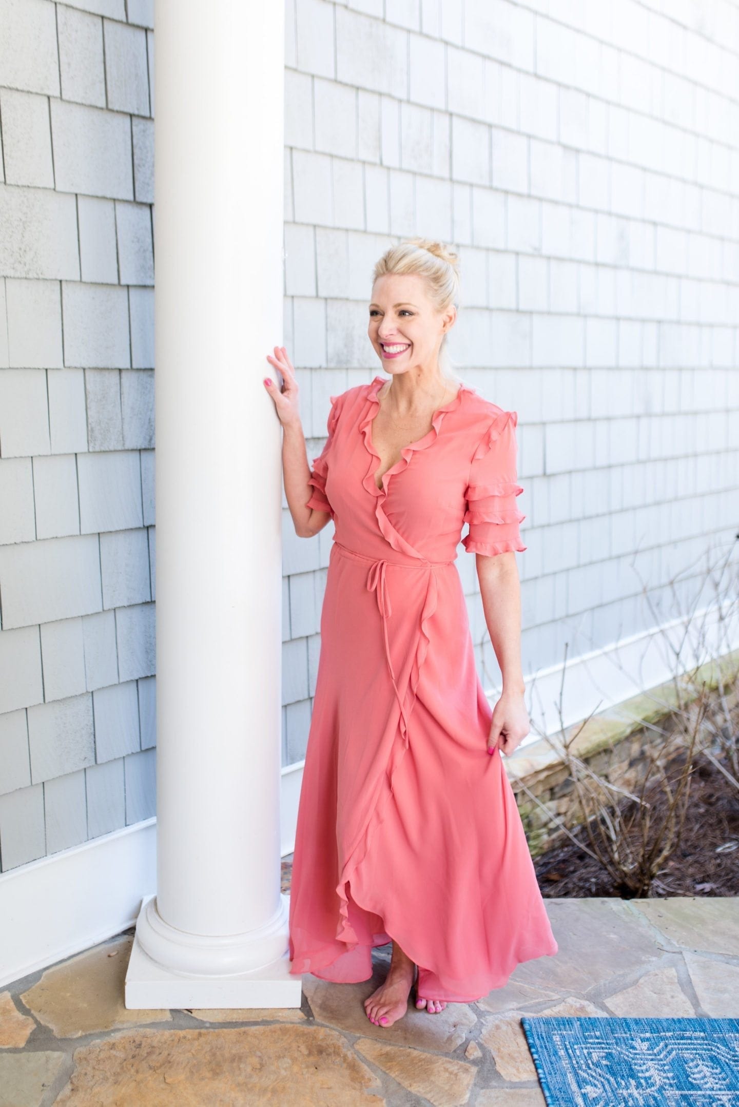 Ruffle Maxi dress with ruffles. Coral dress for spring.