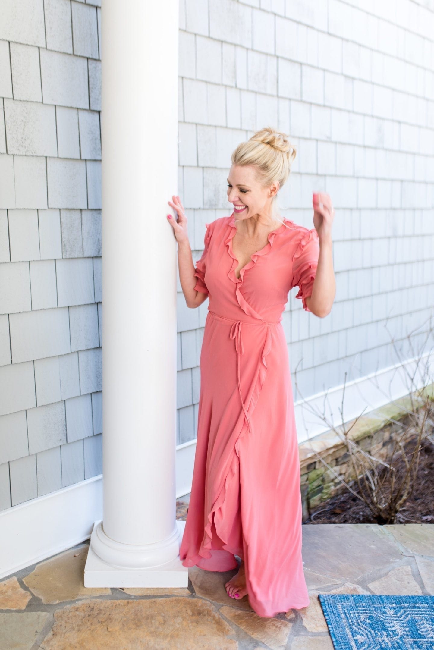 Cute ruffle maxi dress for vacation. Spring dress with ruffles and wrap tie.