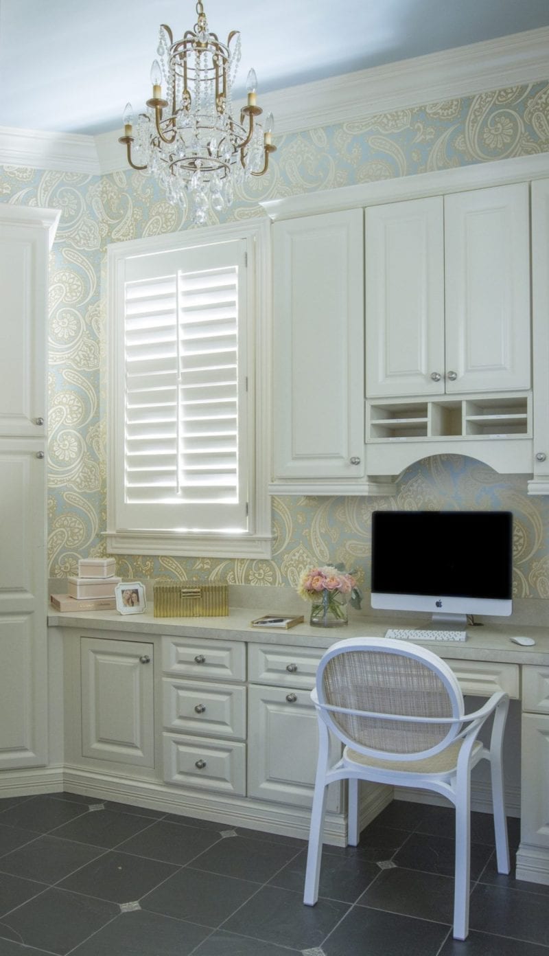 Luxury home office with mini chandelier, blue painted ceiling and blue wallpaper.