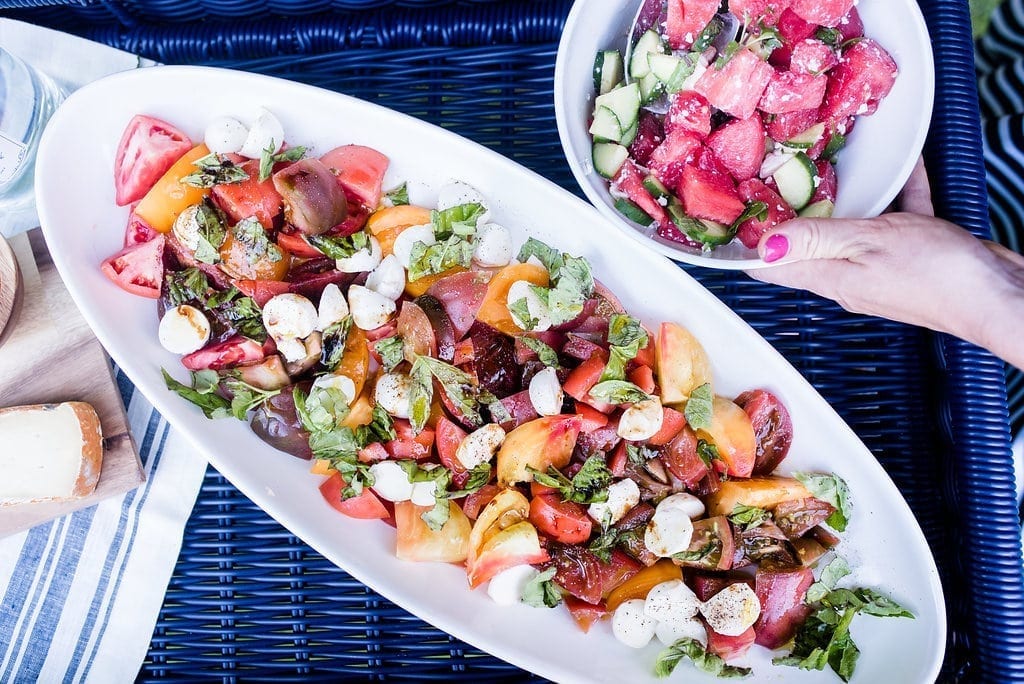 Easy Summer salad recipes. Brightly colored caprese salad and watermelon side dish.