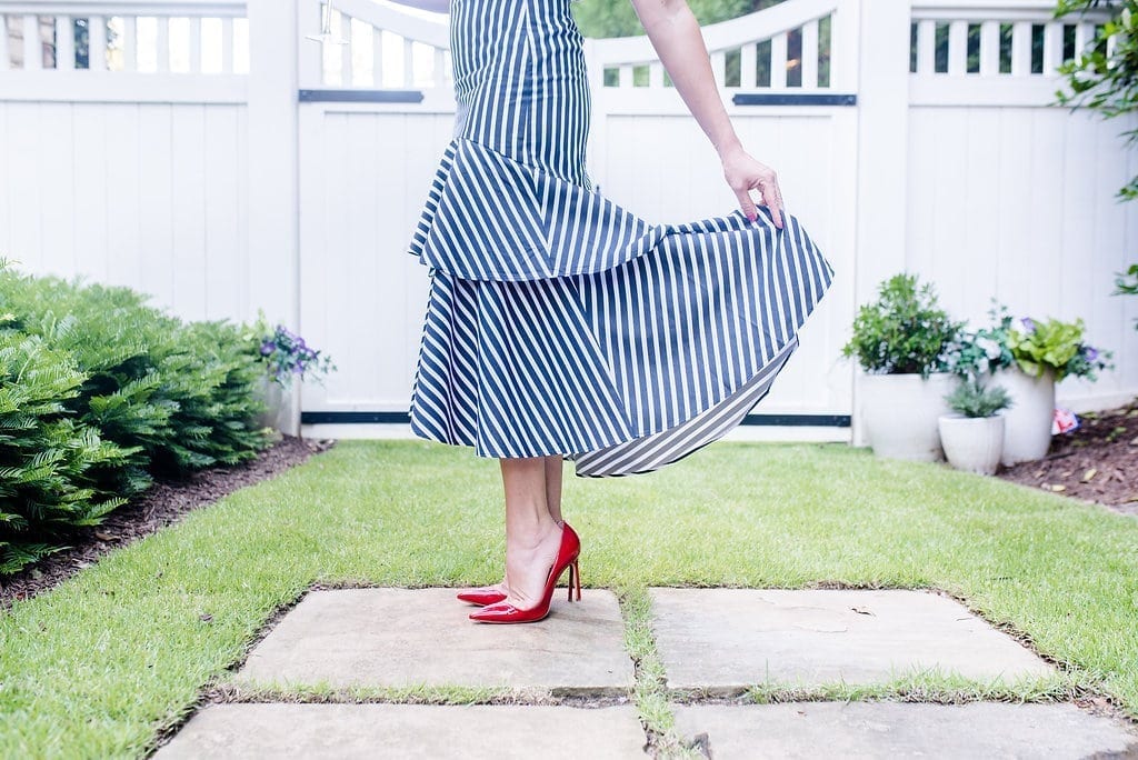 Banana Republic Skirt. Navy and white stripe ruffle skirt with red shoes. Fourth of July outfit!