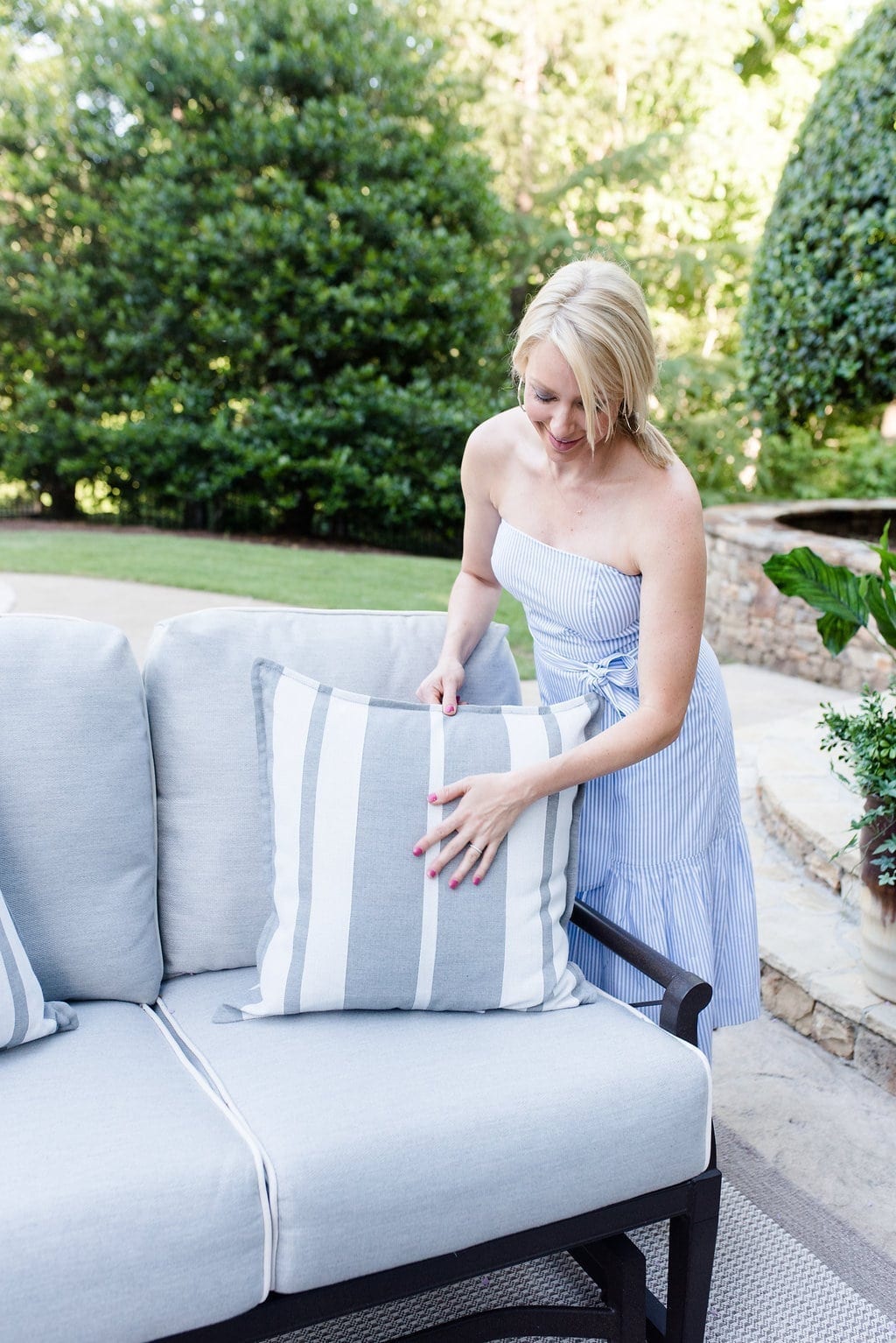 Serena and Lily outdoor pillows in gray and white stripe.