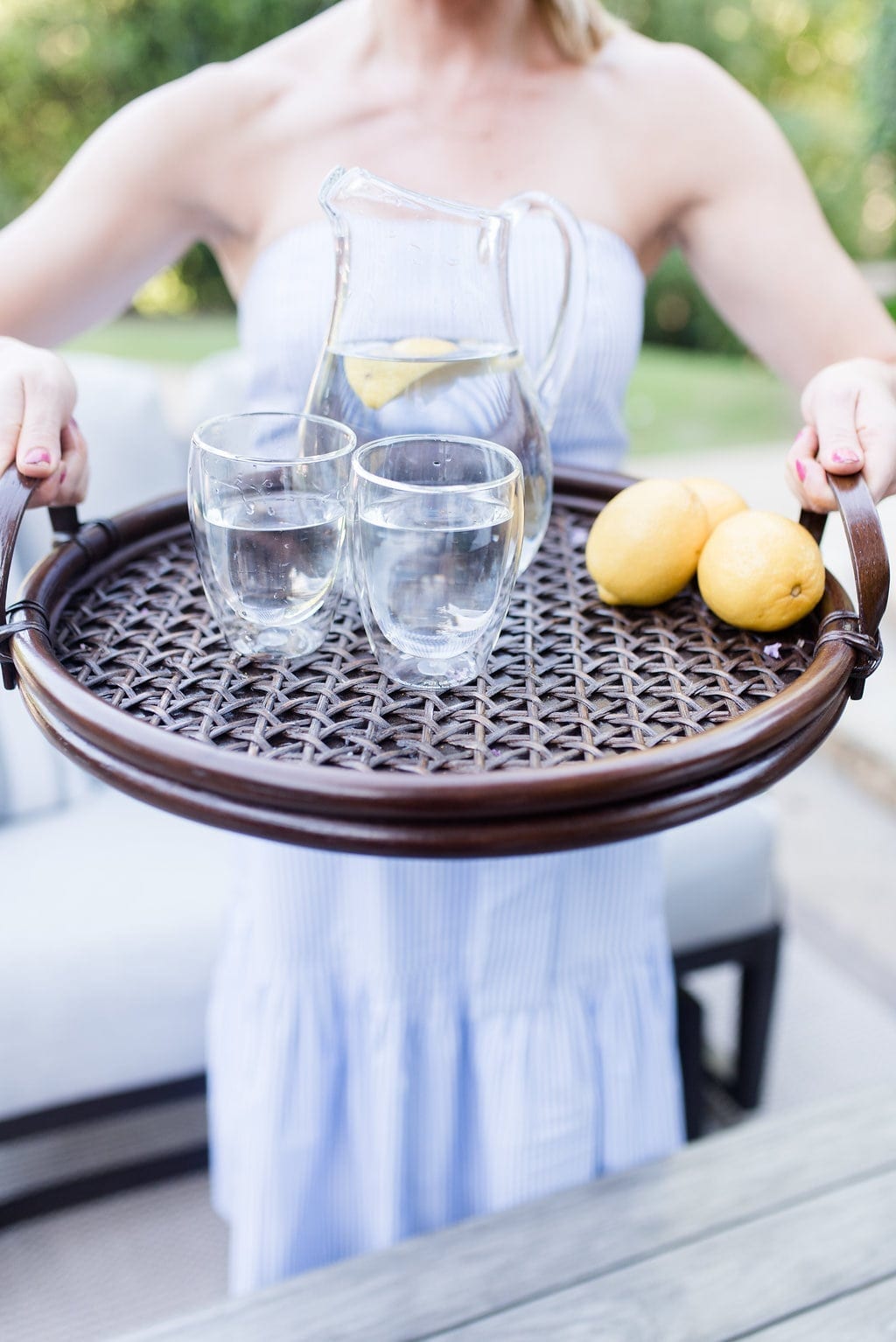 Threshold Tray from Target. Wood woven tray with lemons and glasses of water.