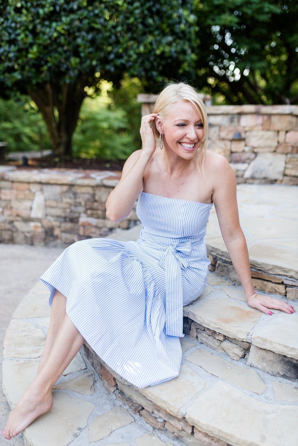 Blue and white stripe strapless dress.