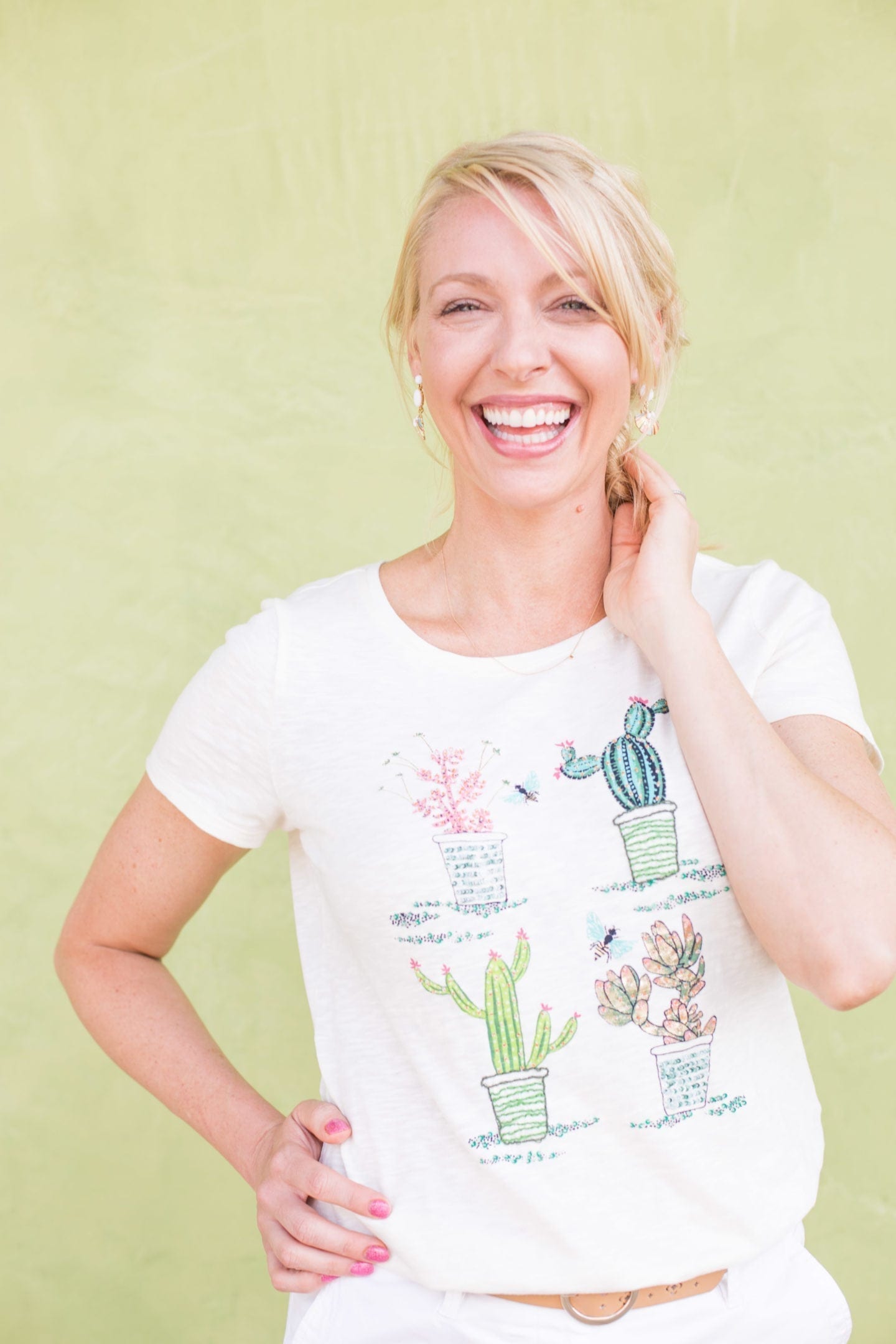 Talbots summer tops. Braided hair, white pants and cute detail shirt.