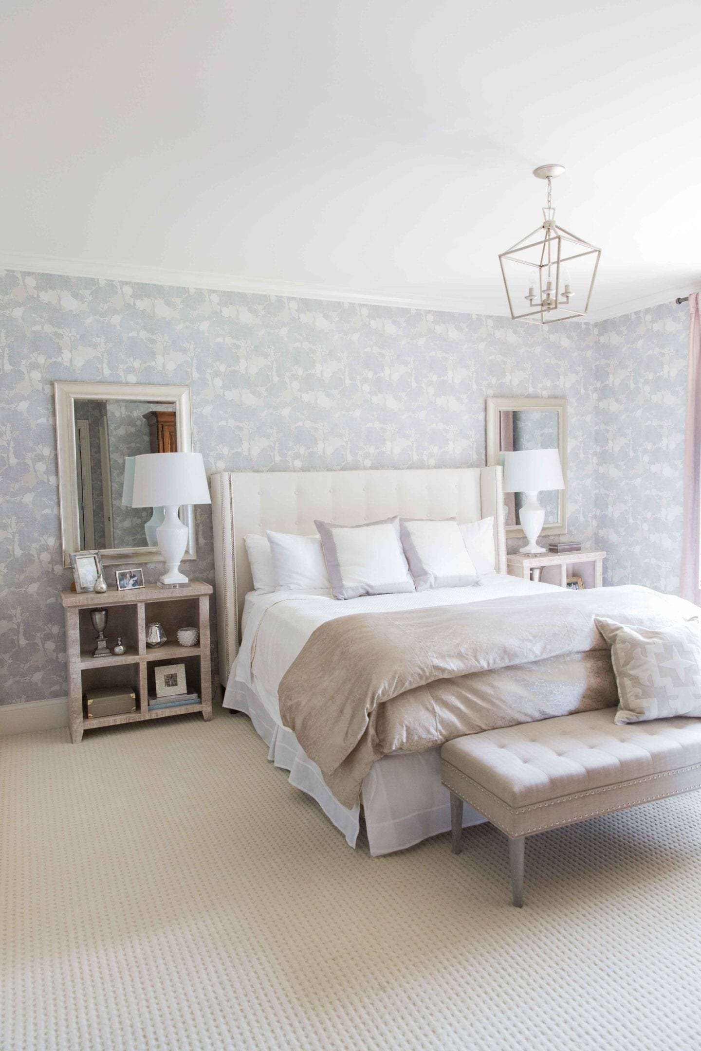 Lavender bedroom makeover from lifestyle blogger, bluegraygal. Using wallpaper in bedroom.