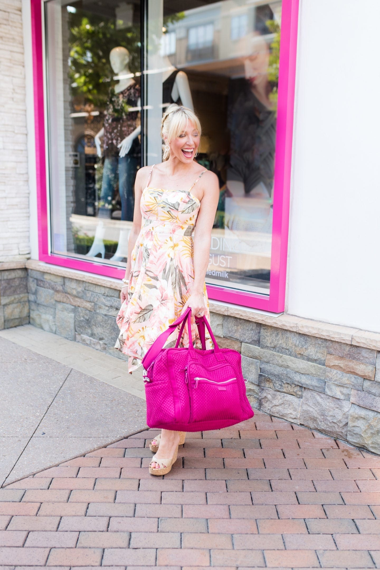 Summer dresses on sale. Dress with floral print and wedges all on sale. Spaghetti straps and long length dress in tropical colors.