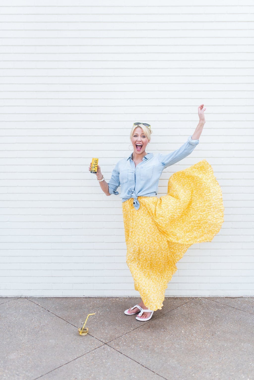 Yellow Joie skirt on sale. Maxi flowy skirt and chambray shirt with white sandals.