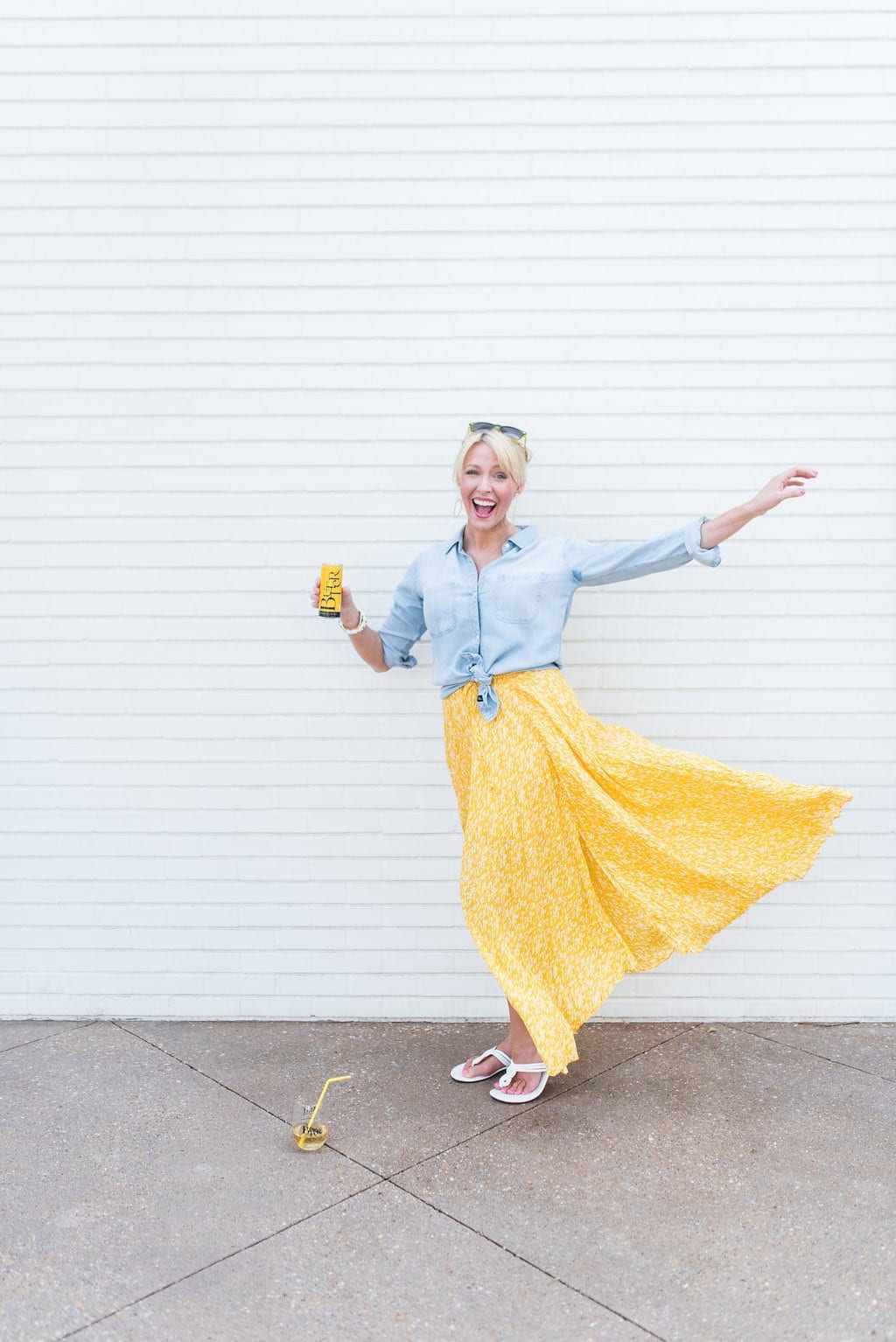 Yellow maxi skirt. Summer skirt. How to wear yellow with chambray.