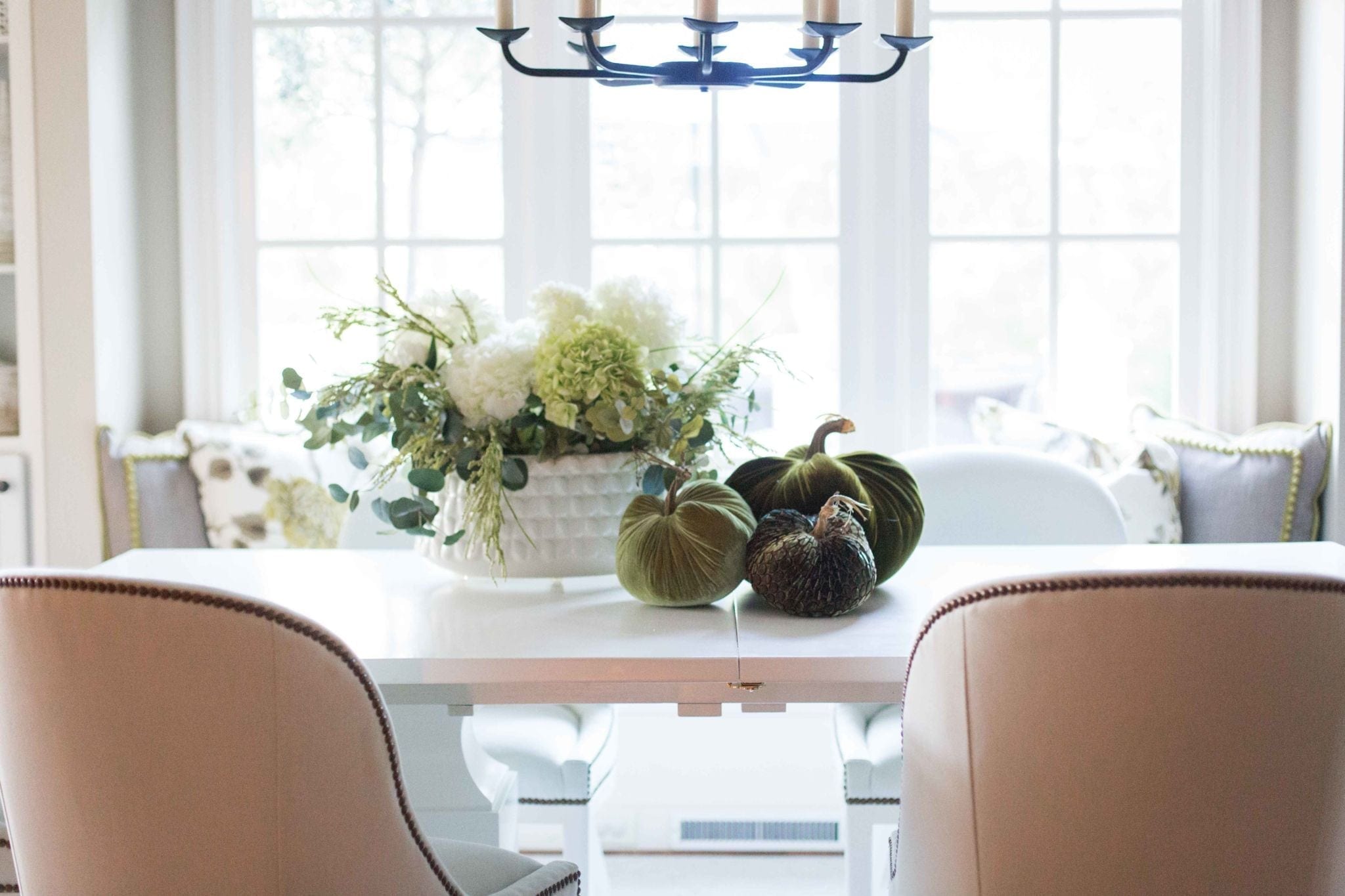 Plush Pumpkins set a beautiful and festive Thanksgiving table. These green pumpkins bring a touch of the outdoors to your home! Real stems, silk velvets. Slightly rustic, slightly elegant. All the way easy and investments for years of holiday celebrating!