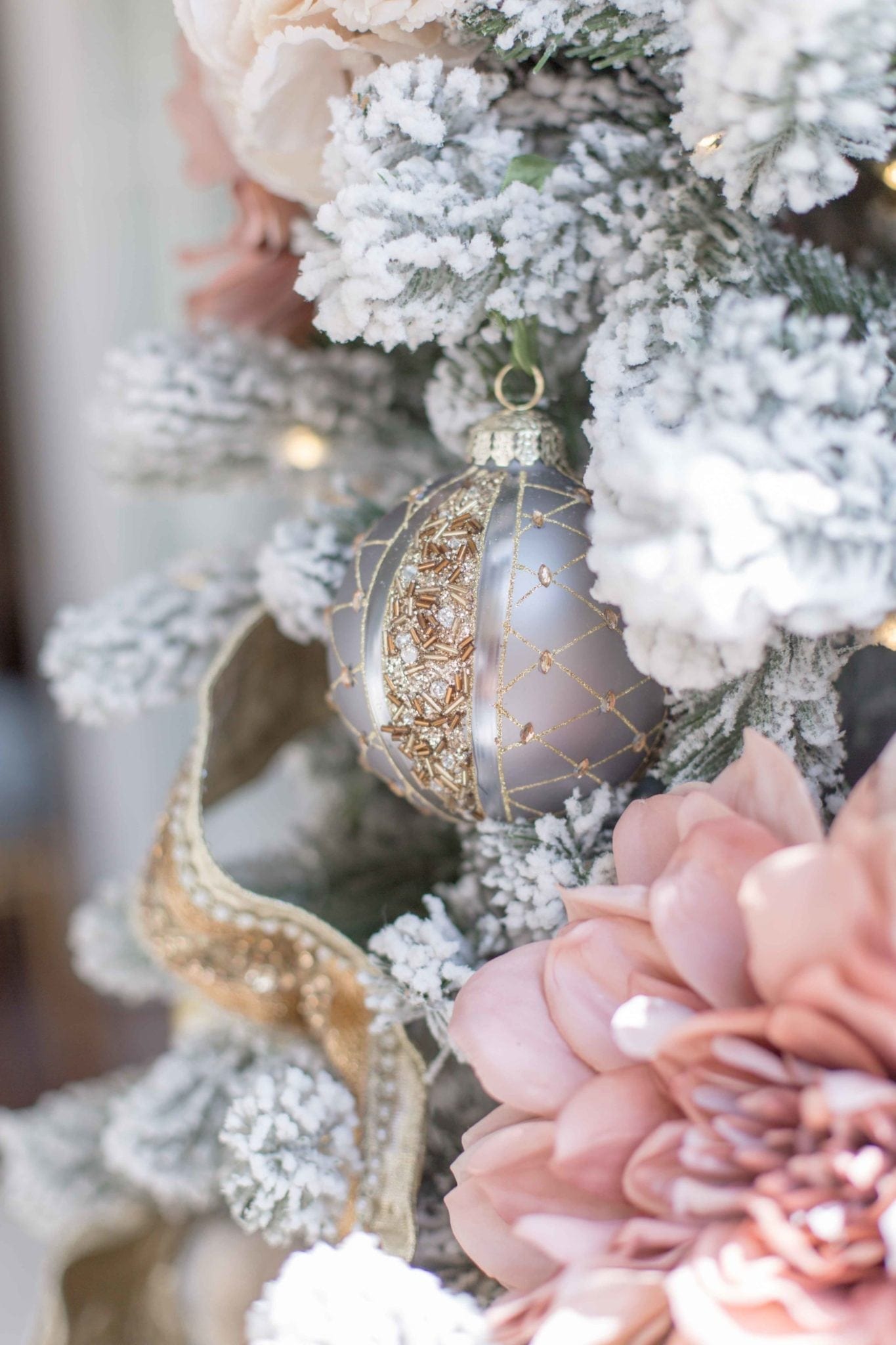Frontgate ornaments from 2018. Gorgeous collection of gray and blue and gold ornaments from the Frontgate holiday decor collection.