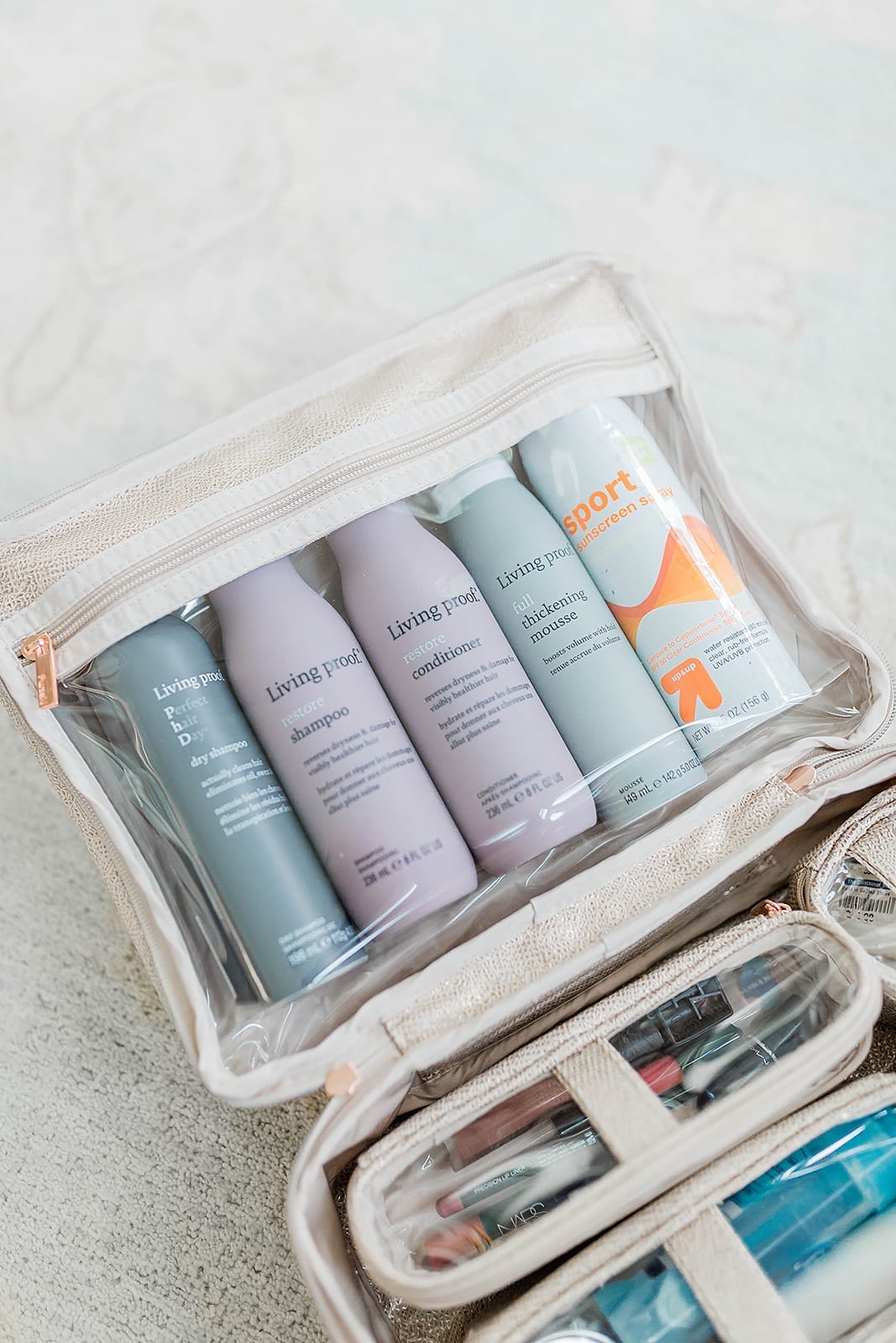 How to store full size shampoo bottles when you travel so that they don't spill!