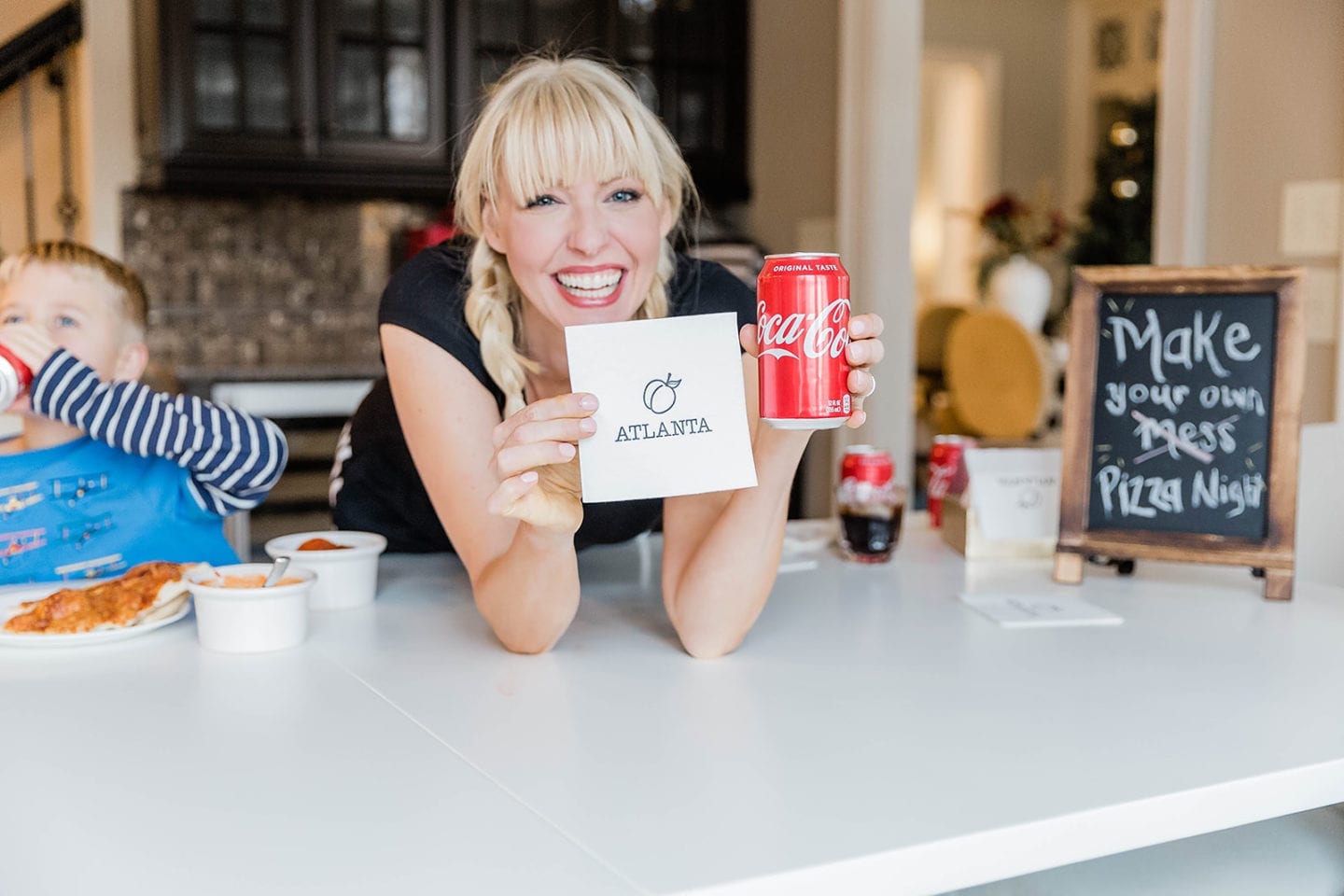 Kelly Page, lifestyle blogger, bluegraygal celebrates the Super Bowl Atlanta with a party with Coca-Cola! Throw an easy family party for the Big Game with your kids!