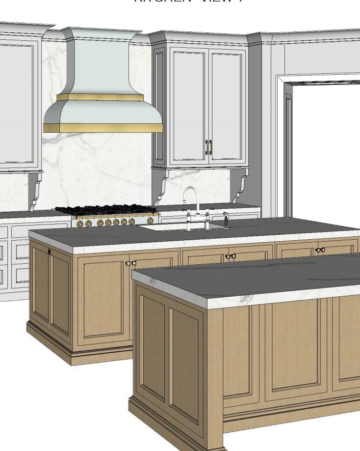 Kitchen with two wood stained islands and custom blue hood with gold straps.