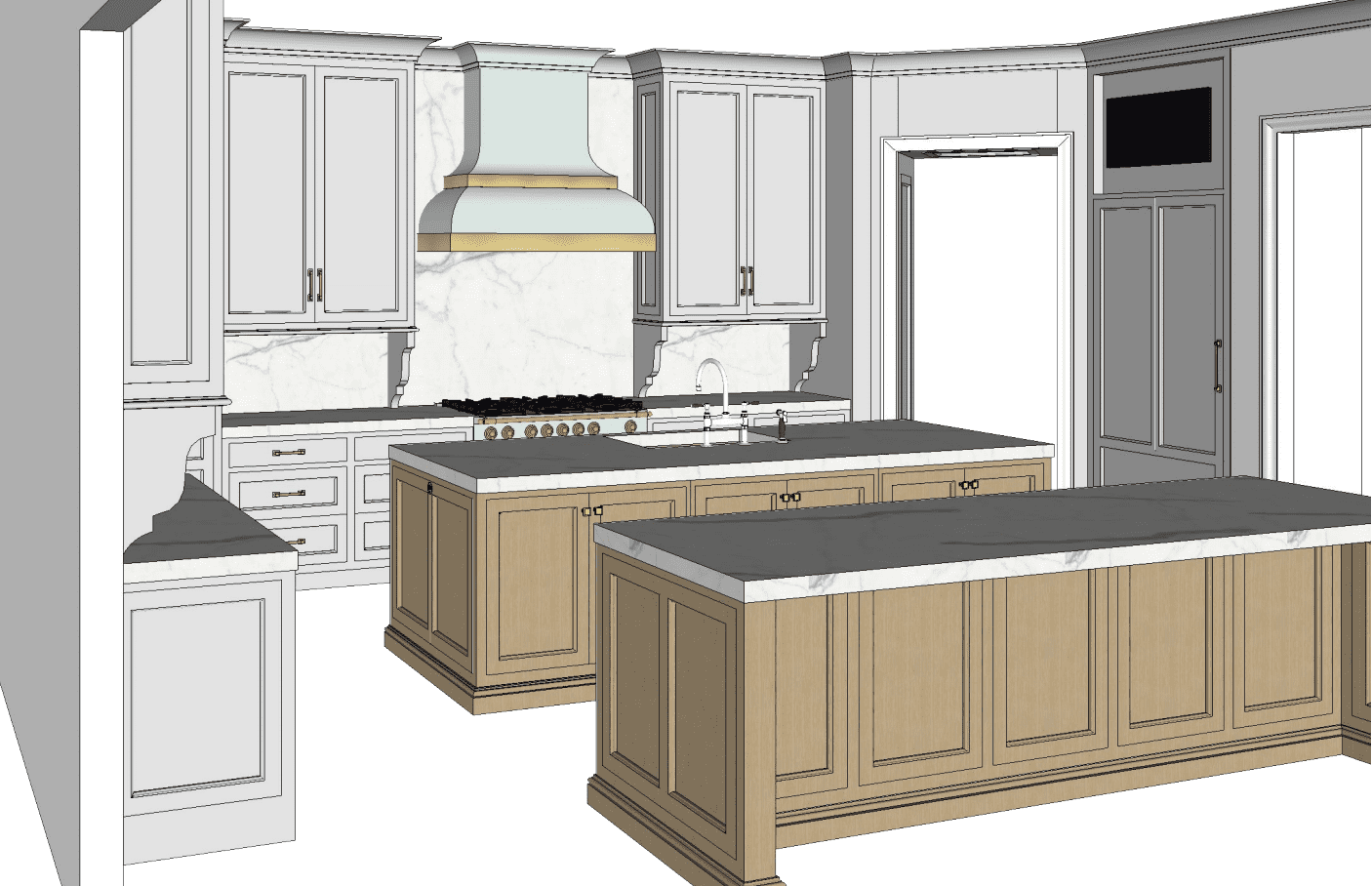 Kitchen sketch with two islands and custom blue hood.