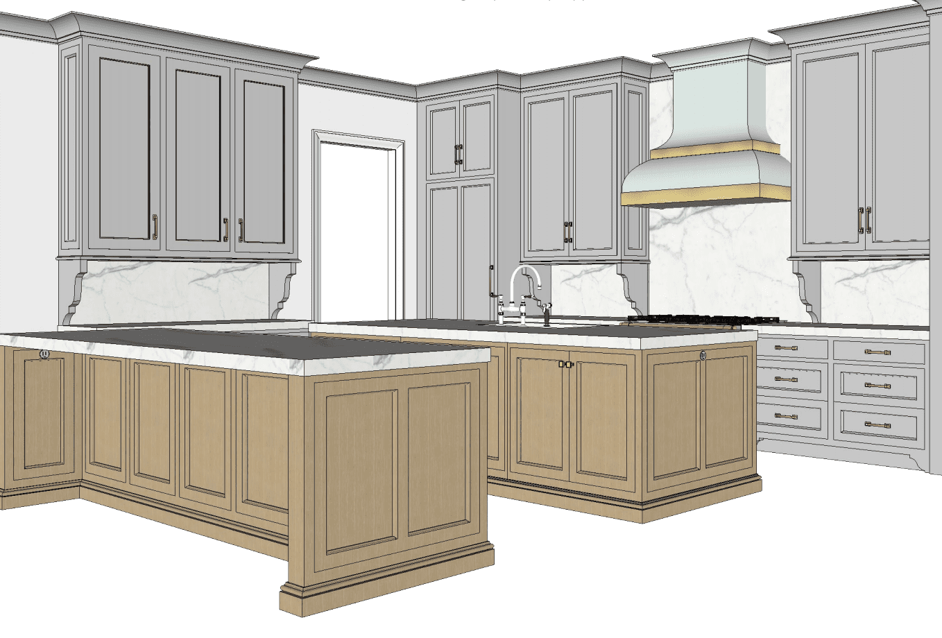 Kingdom Woodworks drawing for kitchen remodel with island seating on both sides and opening into scullery kitchen.