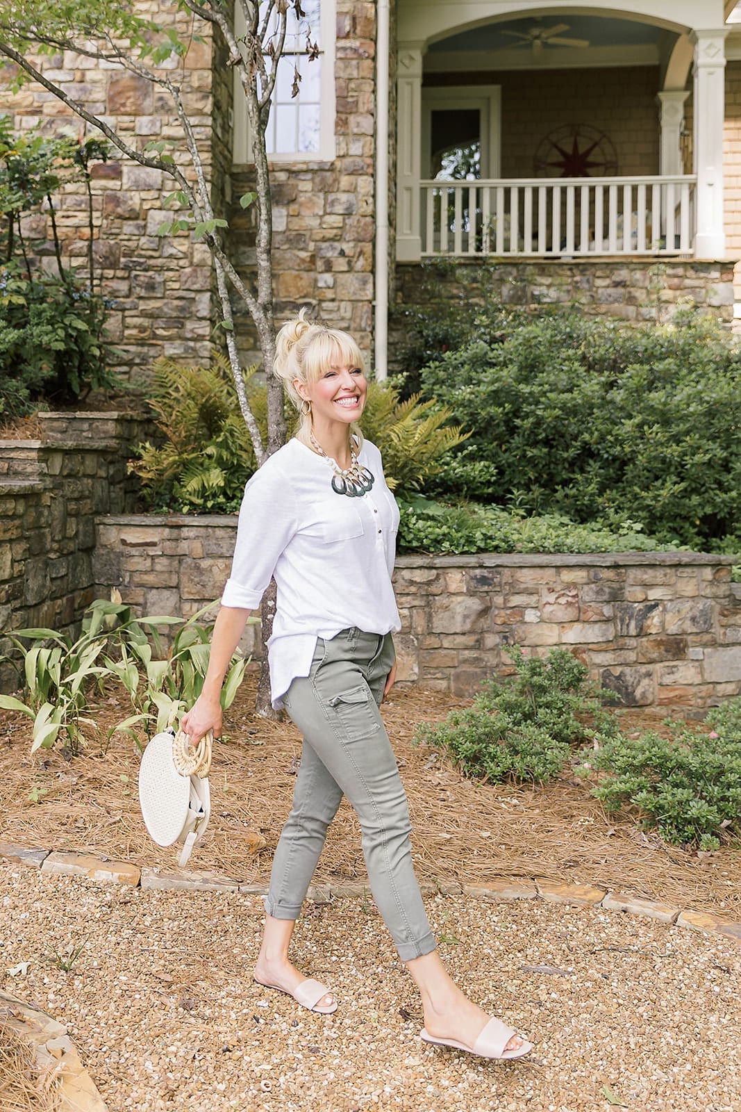 Summer outfit for Moms - great outfit for summer with kids and getting dressed quickly. White 3/4 sleeve shirt on sale with Nordstrom cropped pants.