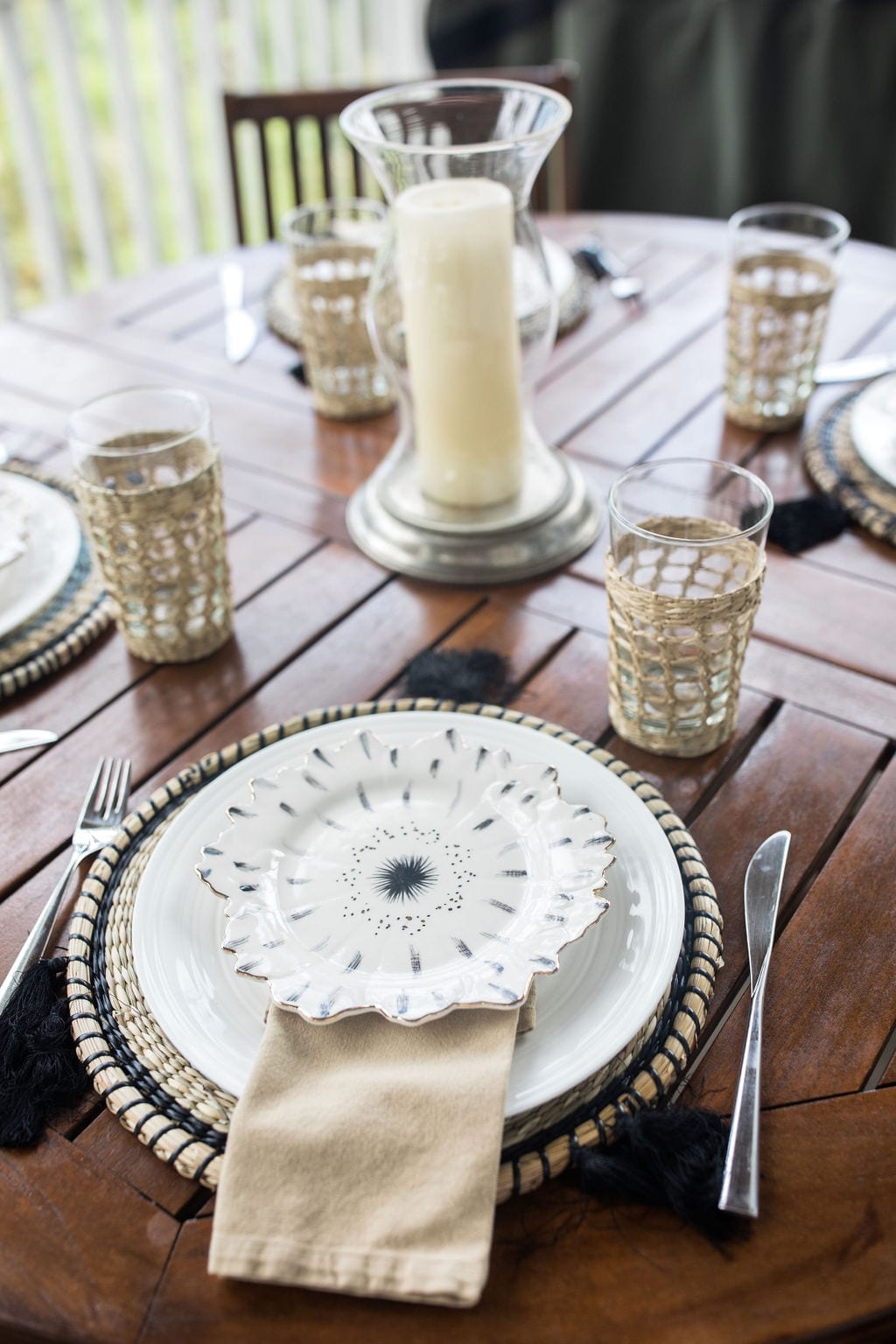 Gold and black plates used as salad plates or dessert plates.