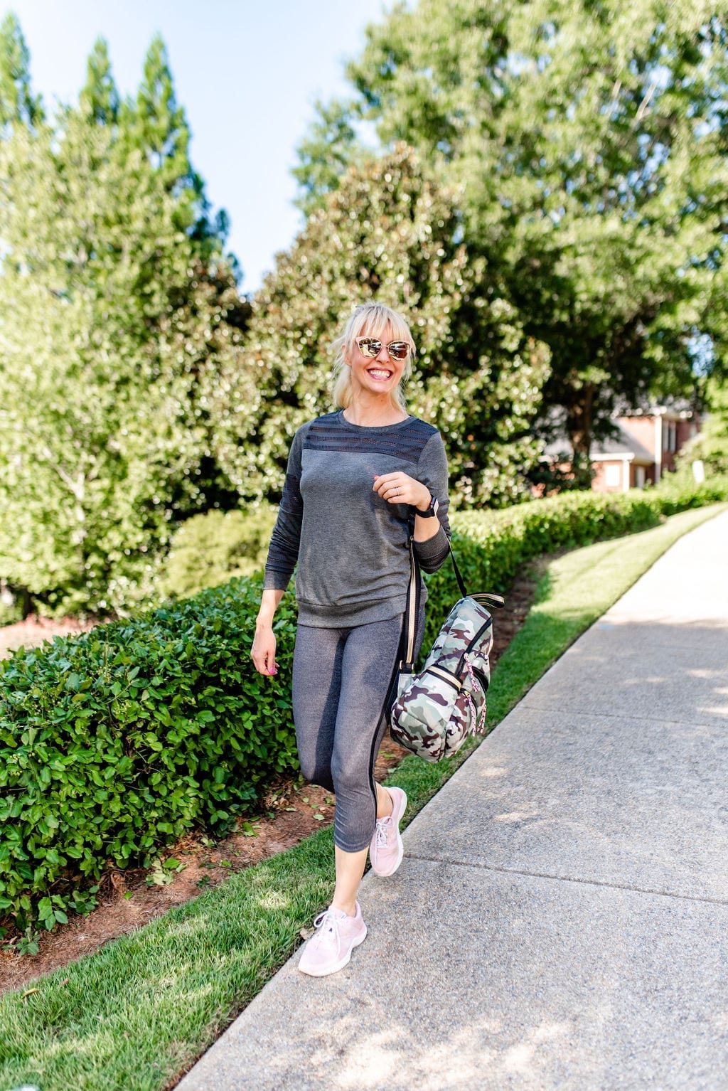 BlueGrayGal for Walmart. Pink tennis shoes and gray top from Walmart and super cute Camo backpack for gym!