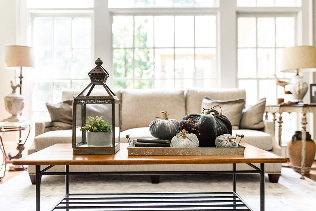 Designer fall decorations exclusively available at BlueGrayGal for Plush Pumpkin. Family room decor for autumn.