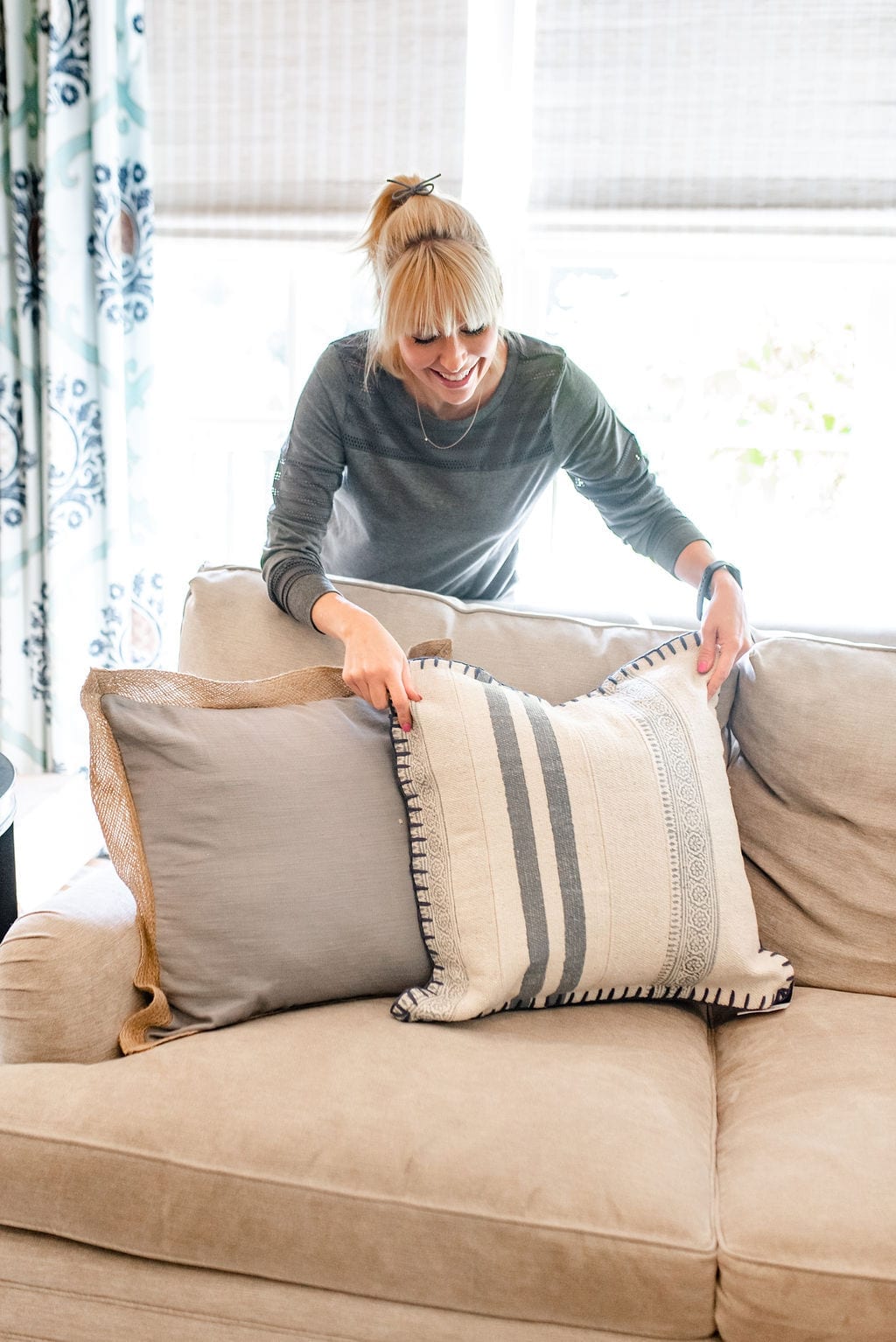 BlueGrayGal Home Blogger with Wayfair throw pillows on sale. Blue and ivory stripe throw pillows.