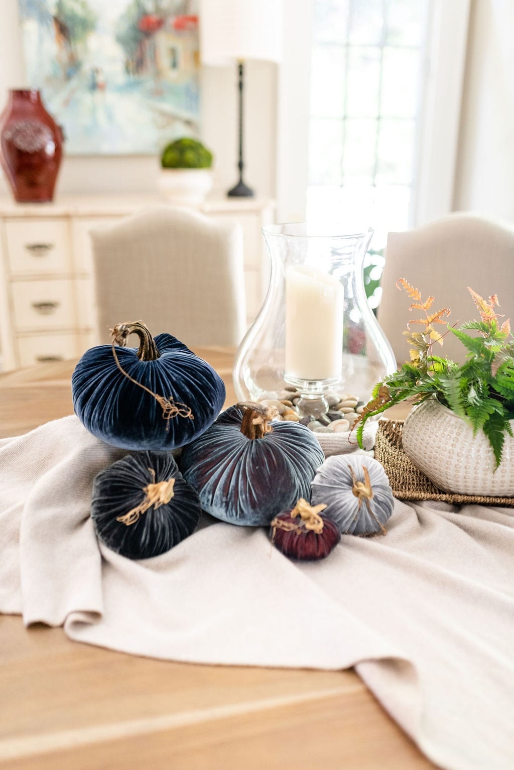Blue Pumpkins from blogger BlueGrayGal. Plush Pumpkin in exclusive colors. Hurricane vase and simple Thanksgiving table decorating.