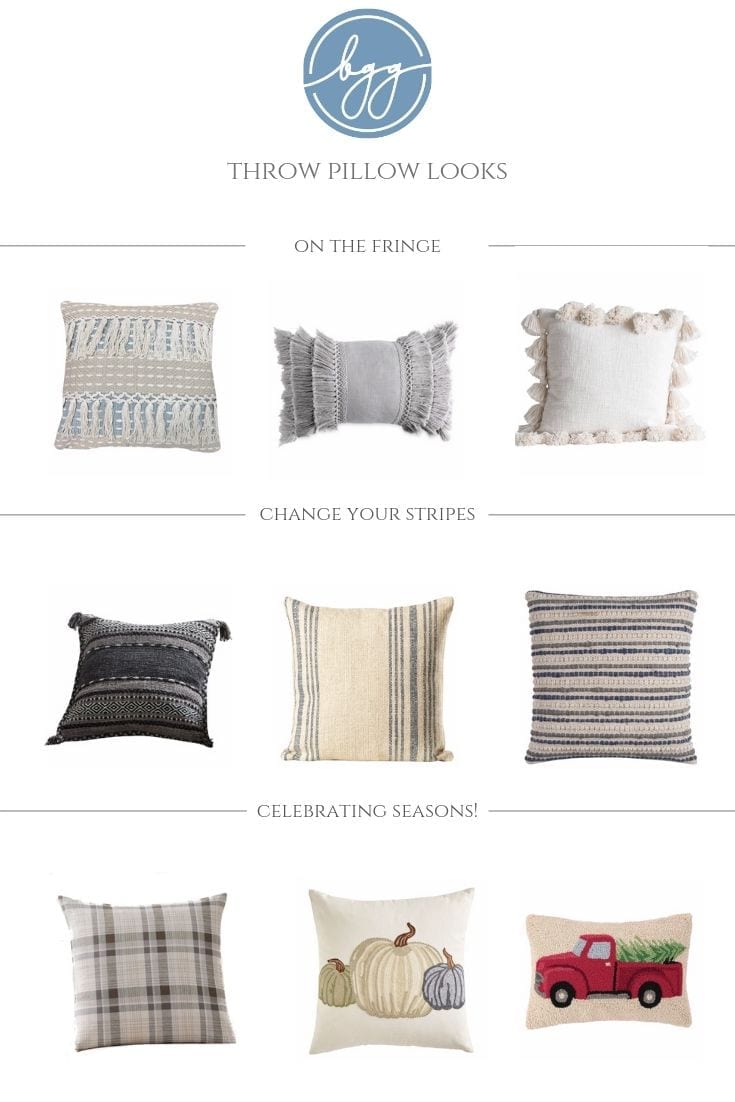 Throw Pillows Ideas for farmhouse decor. Tassel throw pillows, stripe throw pillows and seasonal pillows.