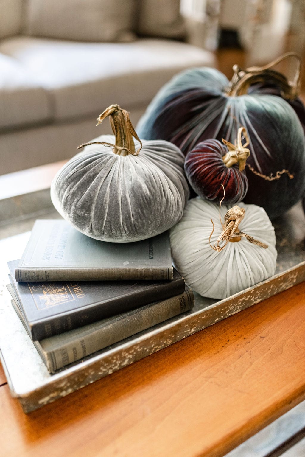 Gorgeous blue and gray velvet pumpkins! Fall home decor make a beautiful table setting!